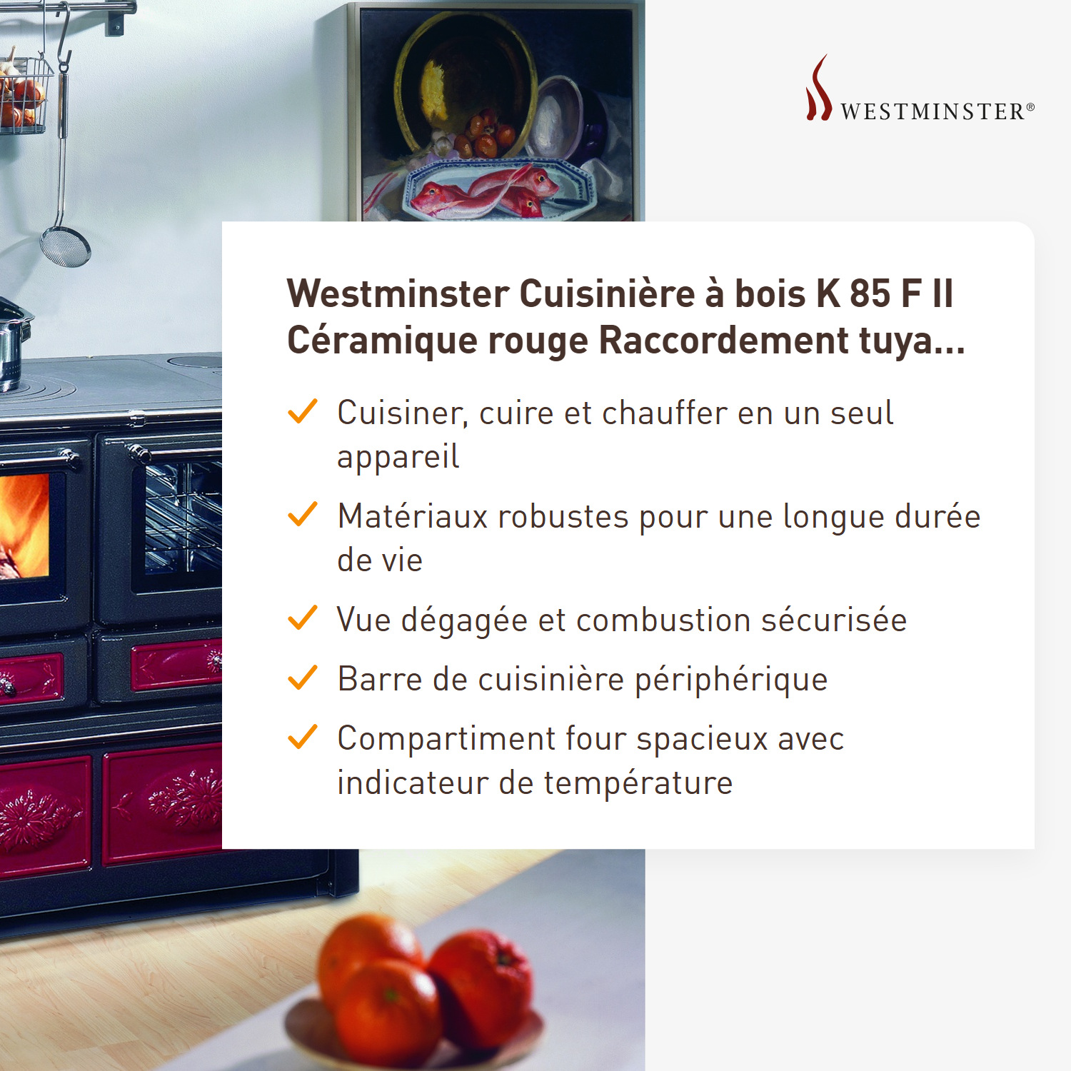Westminster cuisinière à bois K 85 F II céramique rouge raccordement tuyaux gauche