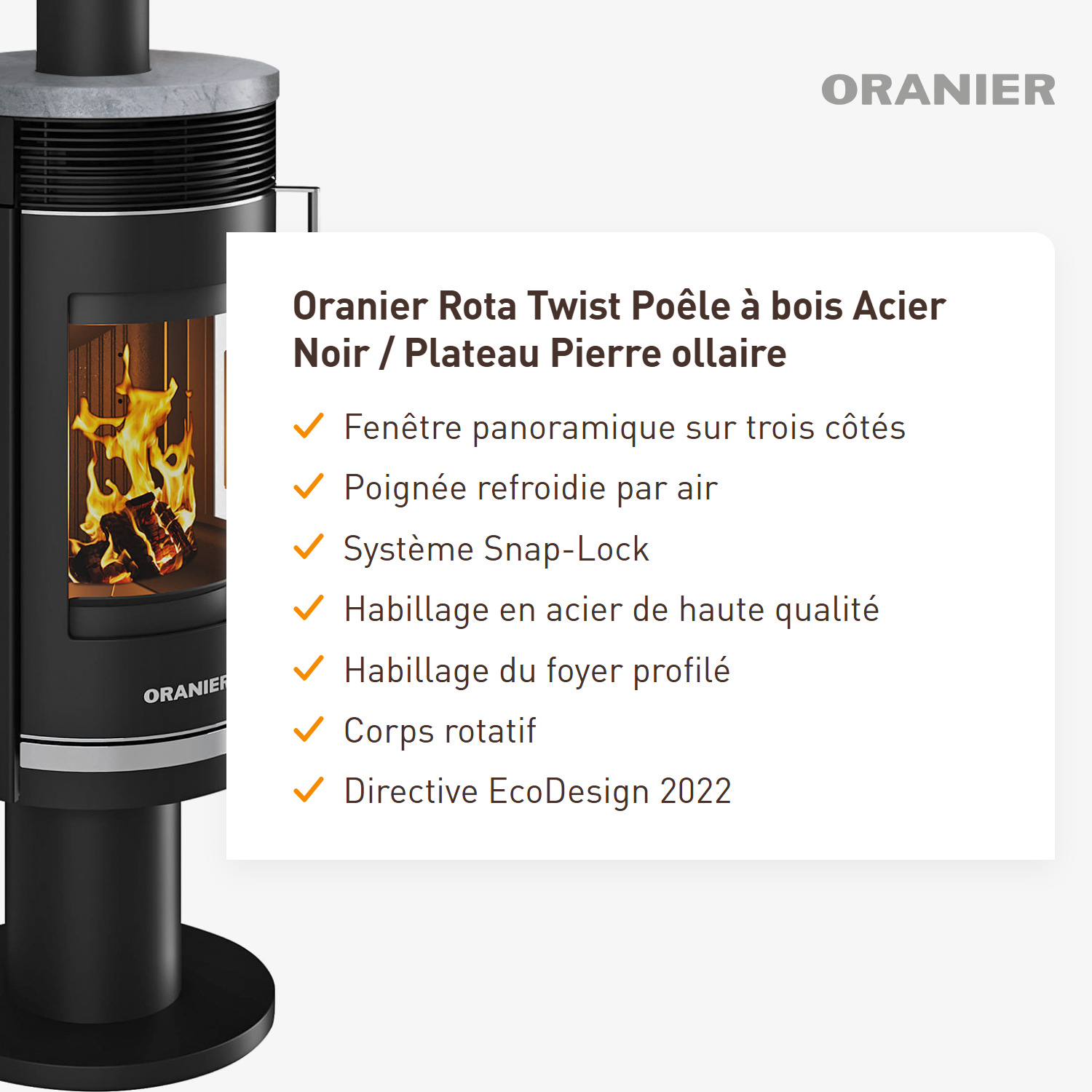 Poêle à bois Oranier Rota Twist en acier noir / Plaque supérieure en stéatite