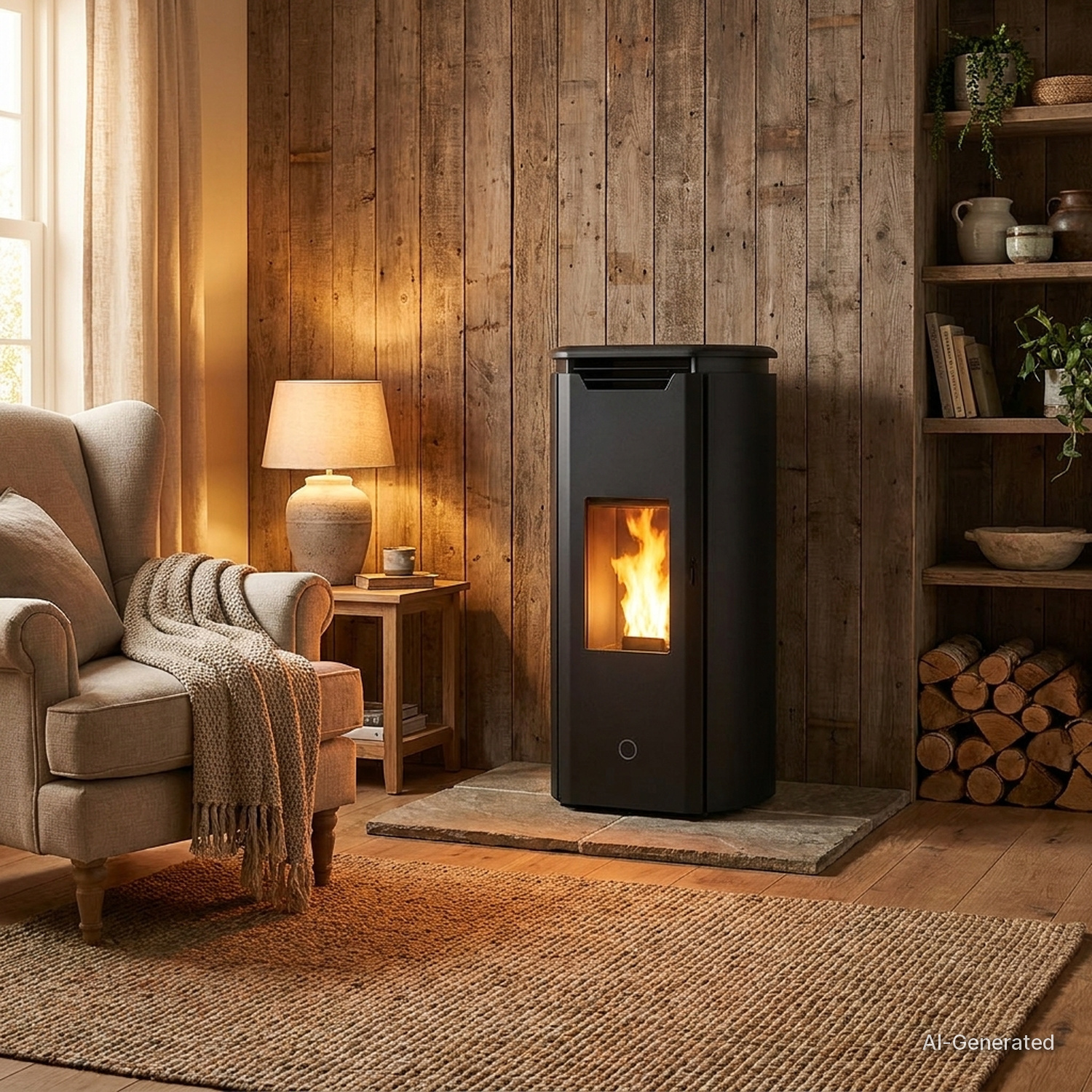 Représentation générée par IA : EK63 Tweed 90+ Evo poêle à granulés noir avec feu allumé dans un salon avec mur en bois, fauteuil et tapis