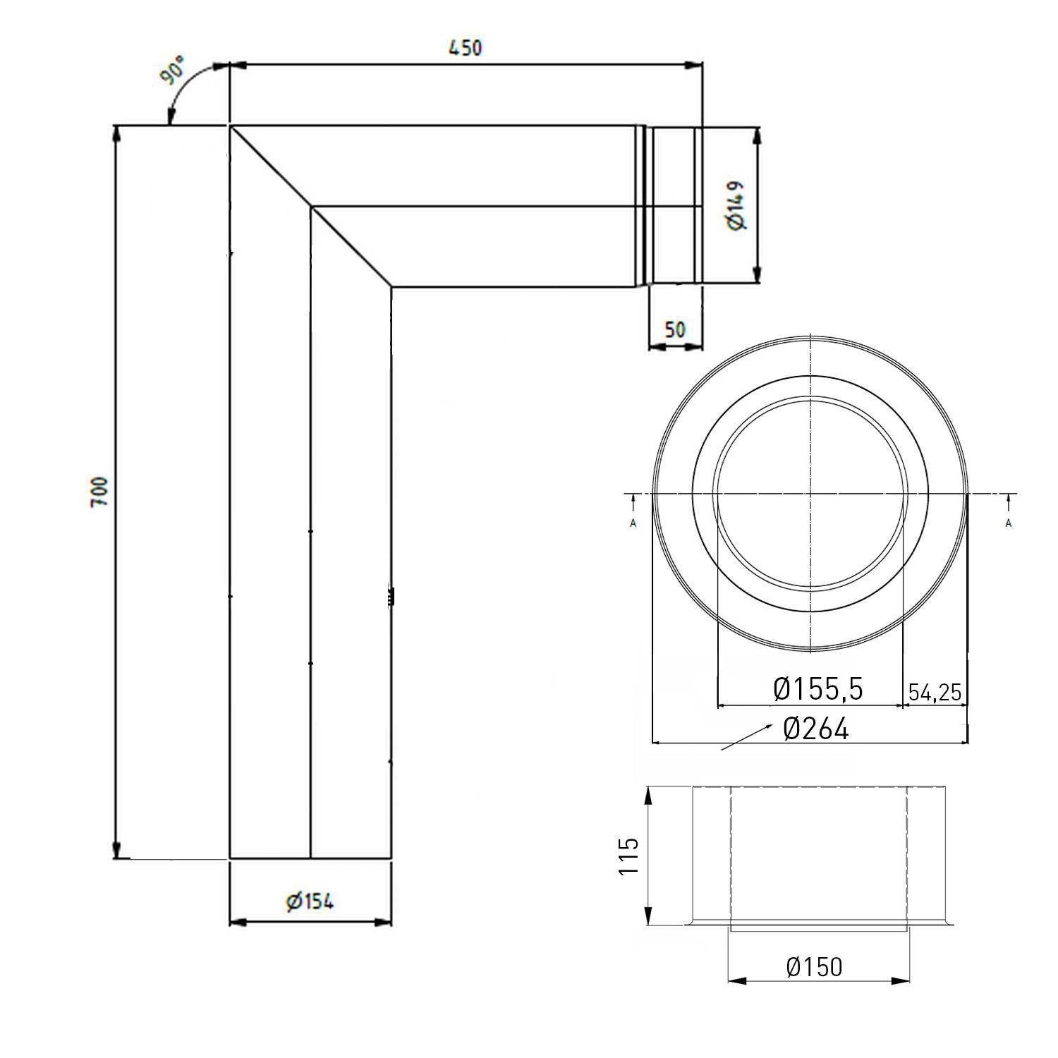 Raik Lifestyle Set coude 150mm gris 90° 2 pcs avec porte pour tuyau de fumée / conduit de fumée