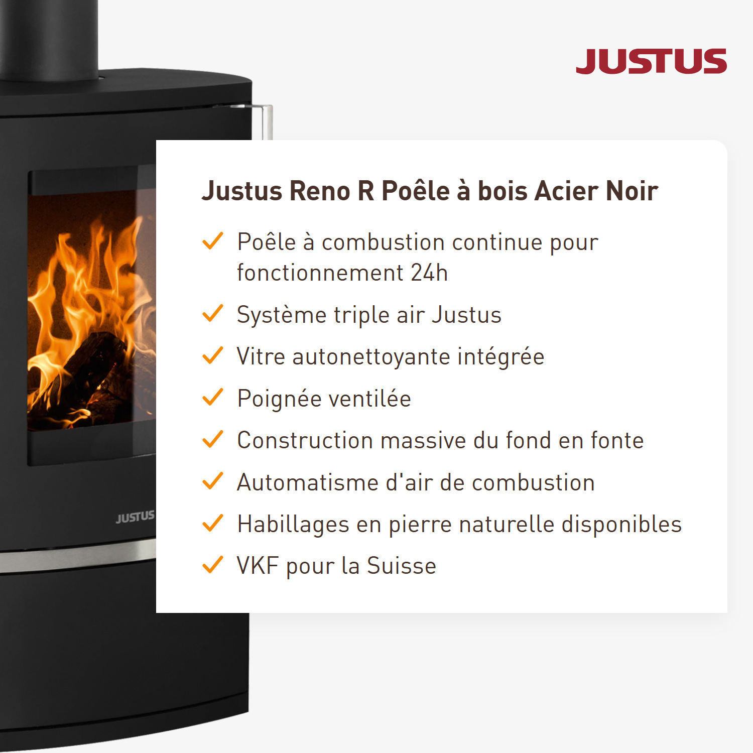 Justus Reno R Poêle à bois Acier Noir