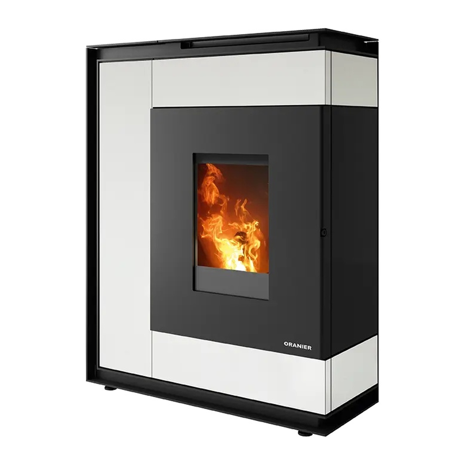 Oranier Boreas Aqua Next wasserführender Pelletofen 9,5 kW Sintered Stone Seidenweiß Rauchrohranschluss hinten