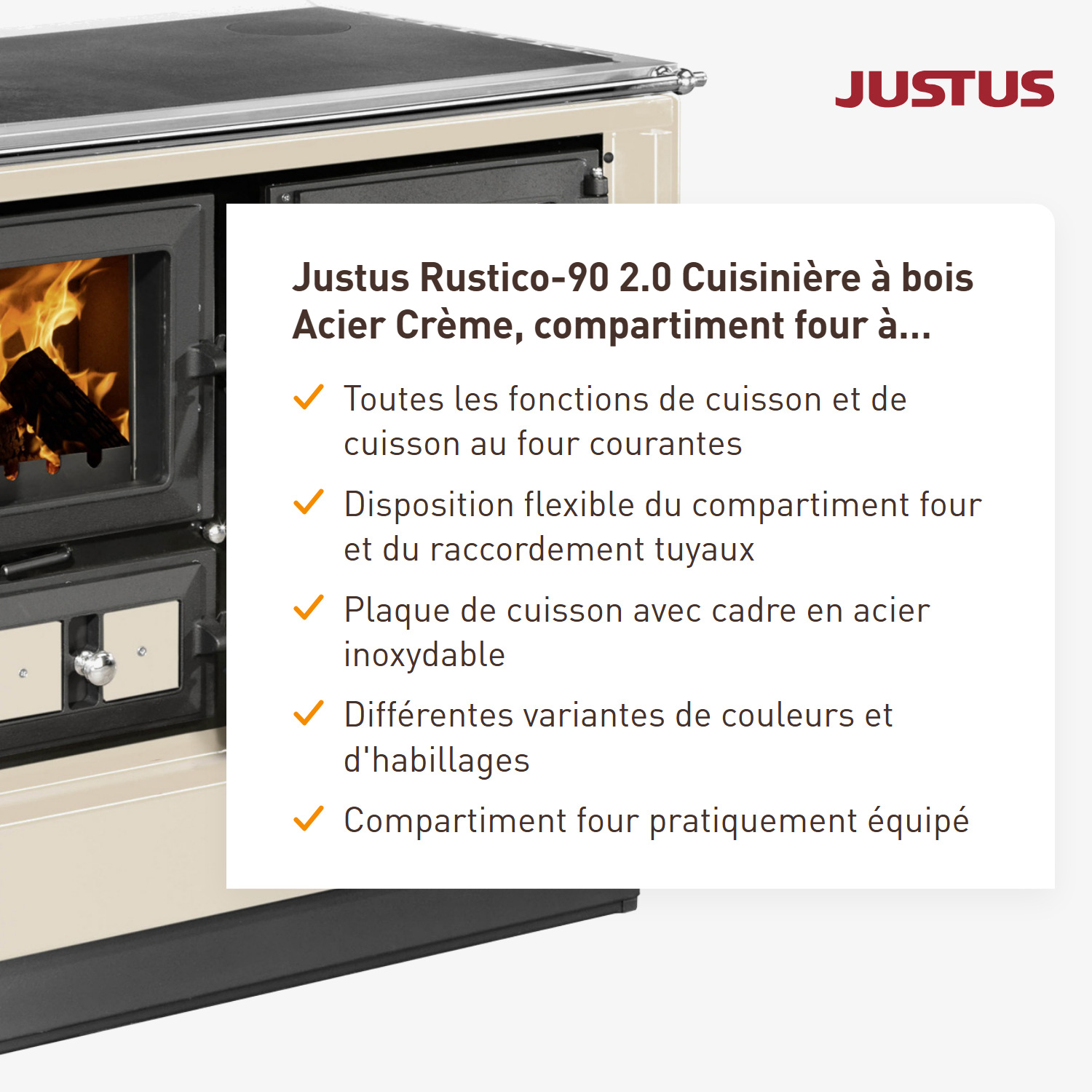 Justus Rustico-90 2.0 Poêle de cuisine en acier crème, compartiment de cuisson à droite