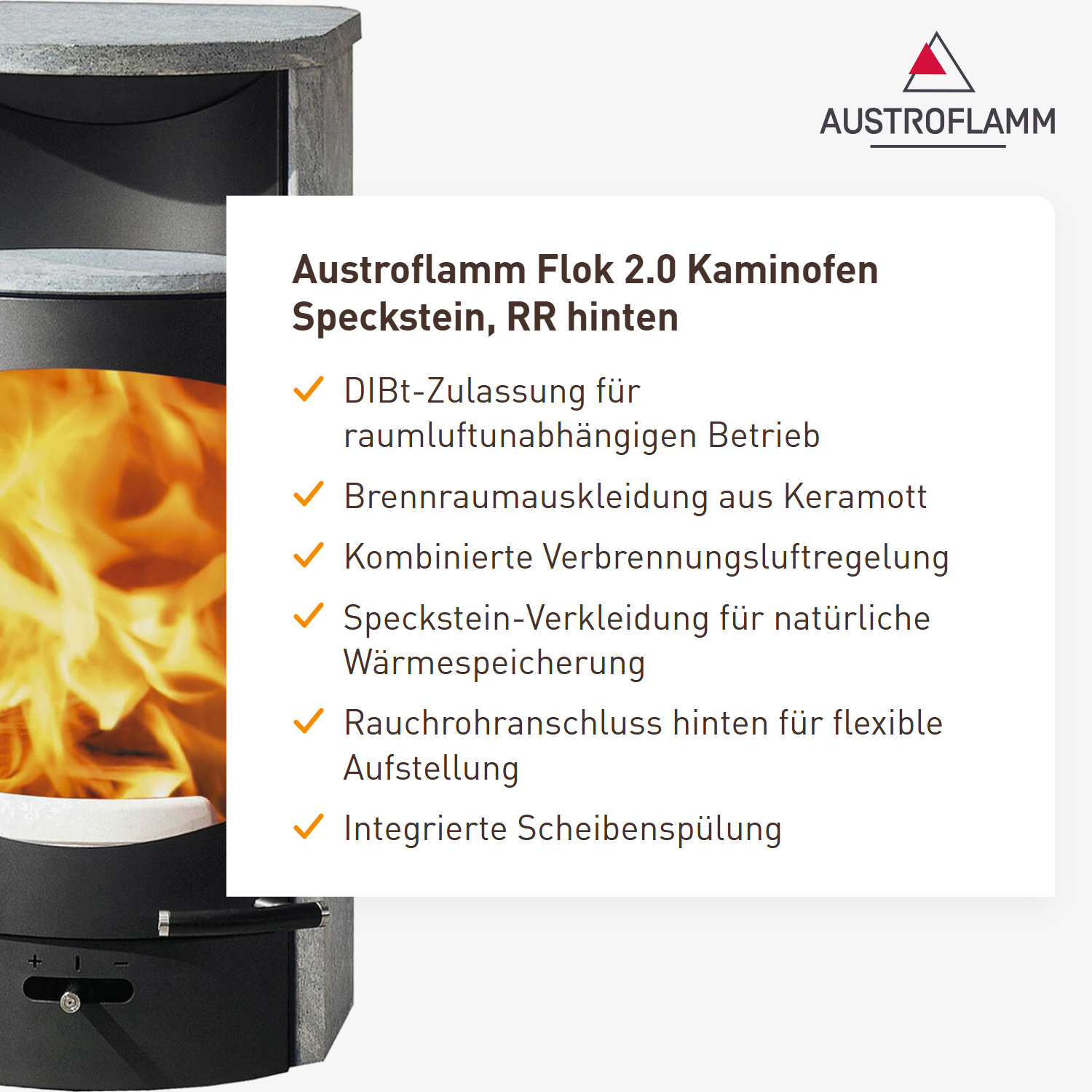 Austroflamm Flok 2.0 Kaminofen Speckstein, RR hinten