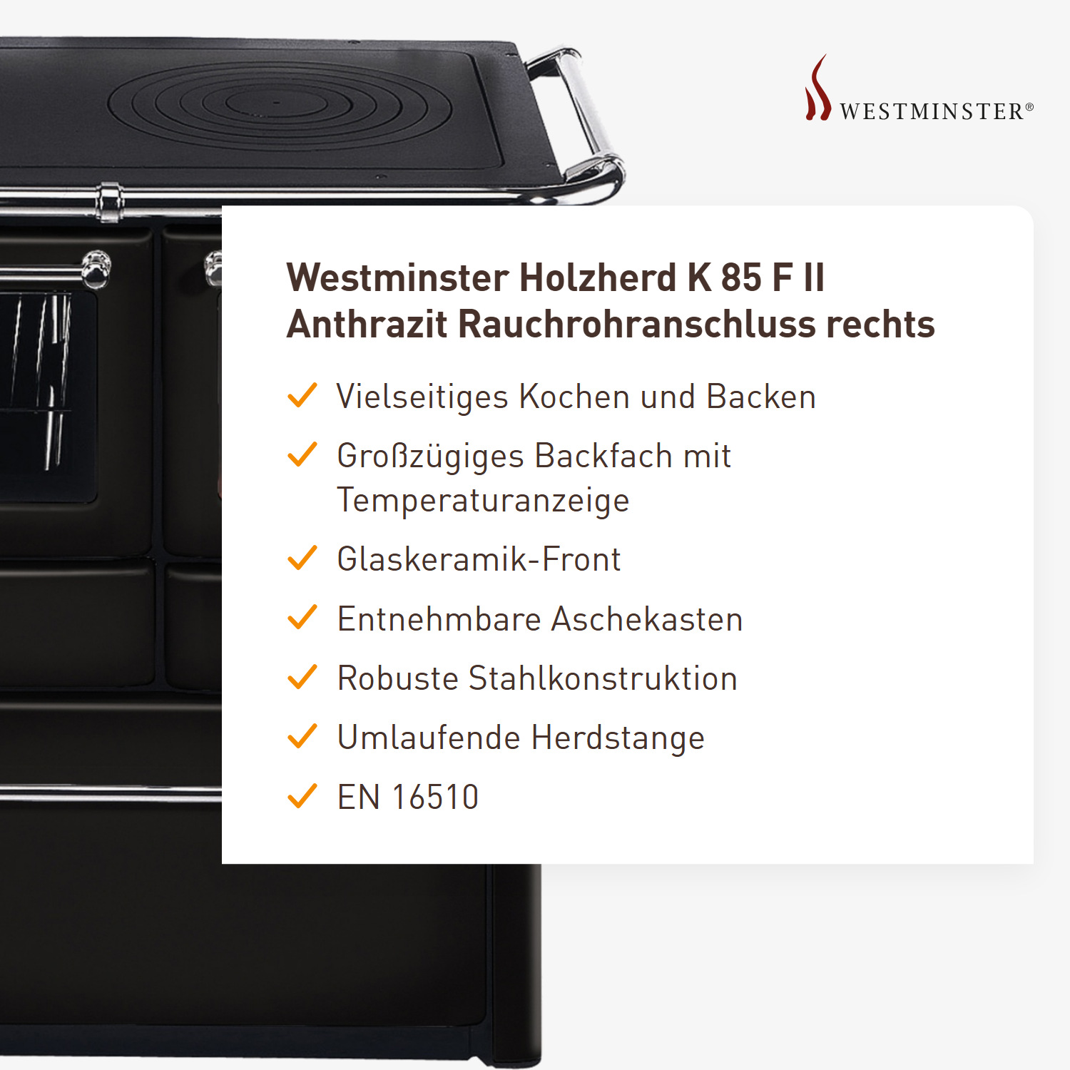 Westminster Holzherd K 85 F II Anthrazit Rauchrohranschluss rechts