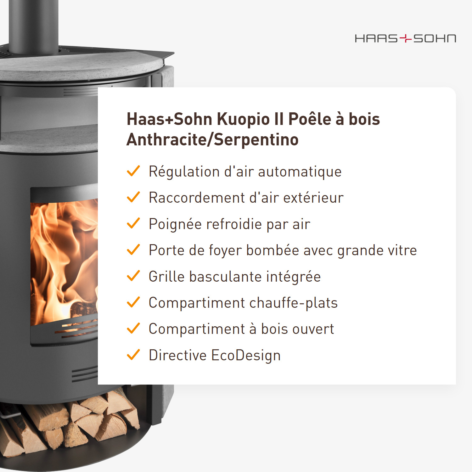 Haas+Sohn Kuopio II Poêle à bois Anthracite/Serpentino