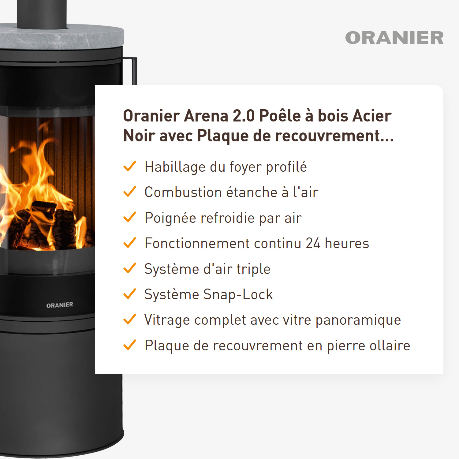Poêle à bois Oranier Arena 2.0 en acier noir avec plaque de recouvrement en stéatite.