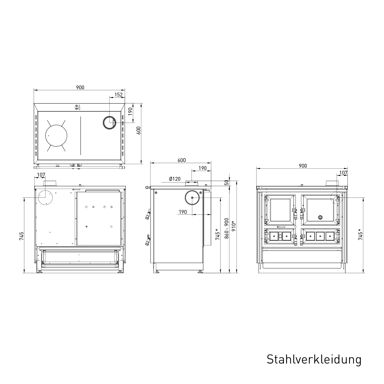 Justus Rustico-90 2.0 Küchenofen Stahl Bordeaux, Backfach rechts