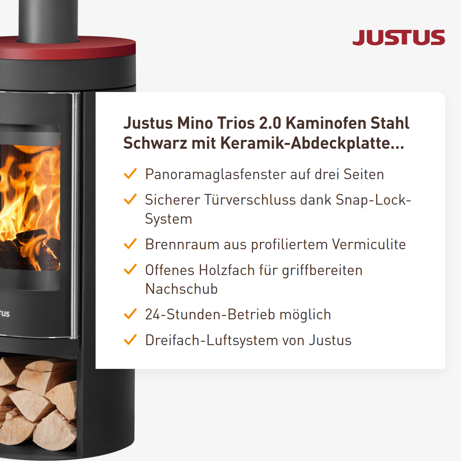 Justus Mino Trios 2.0 Kaminofen Stahl Schwarz mit Keramik-Abdeckplatte Bordeauxrot