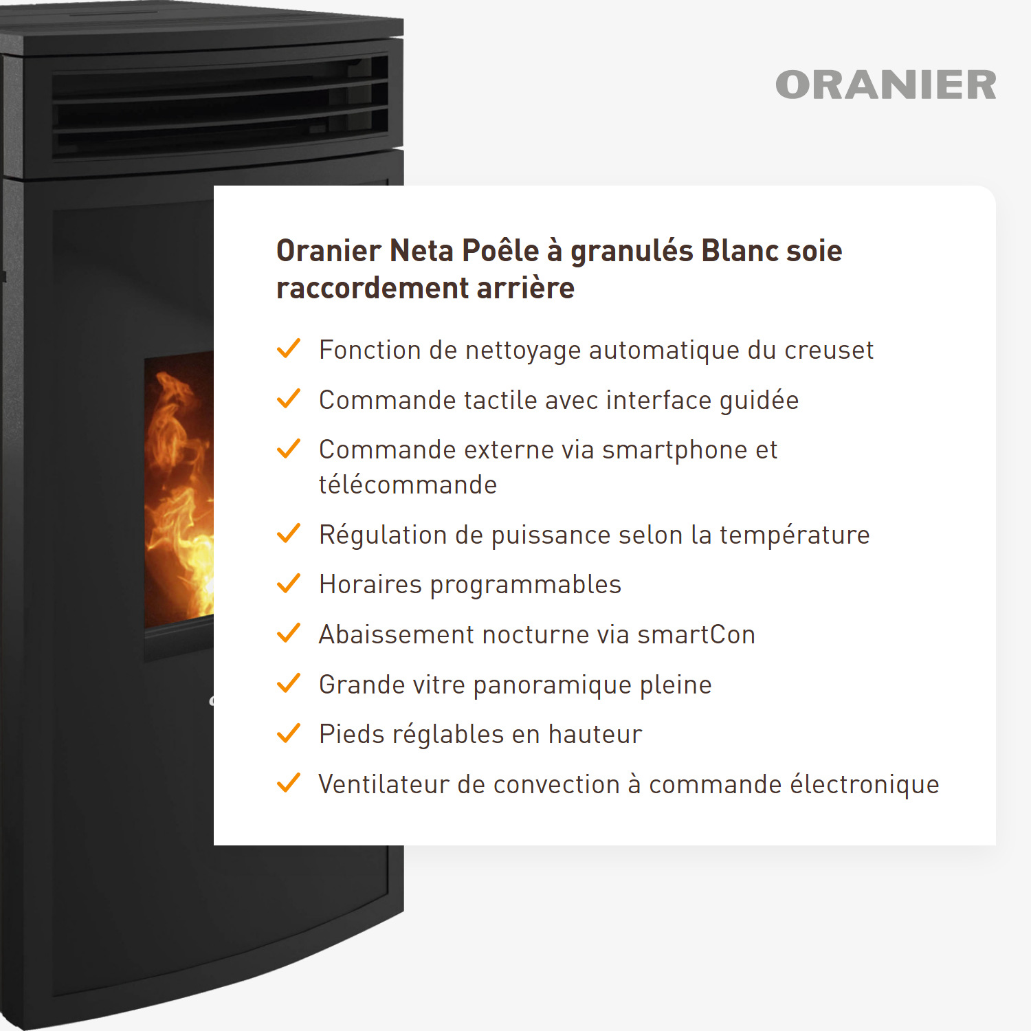 Oranier Neta poêle à bois blanc soie raccord arrière