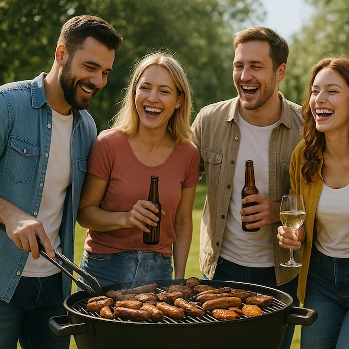 Gruppe junger Menschen lachend an einem Holkohlegrill