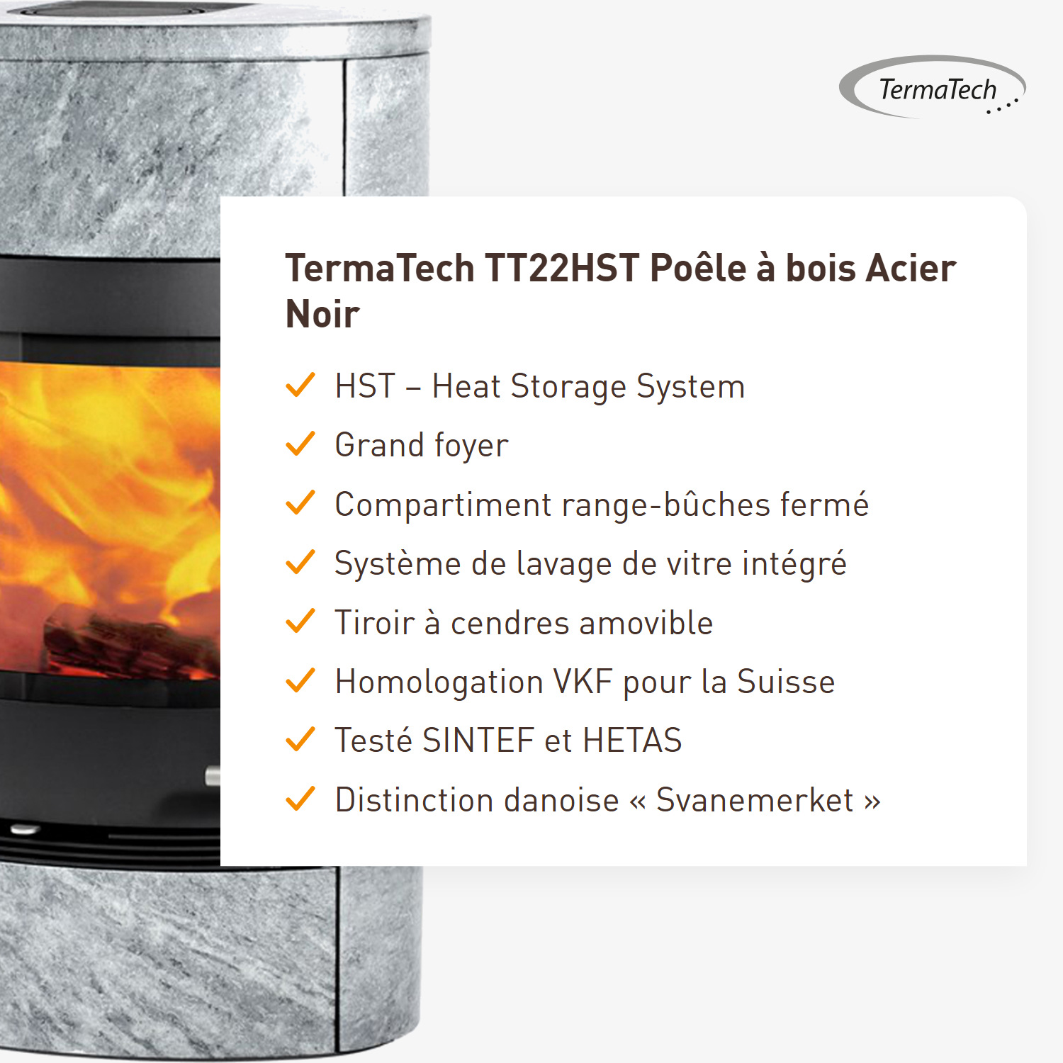 TermaTech TT22HST Poêle à bois Acier Noir
