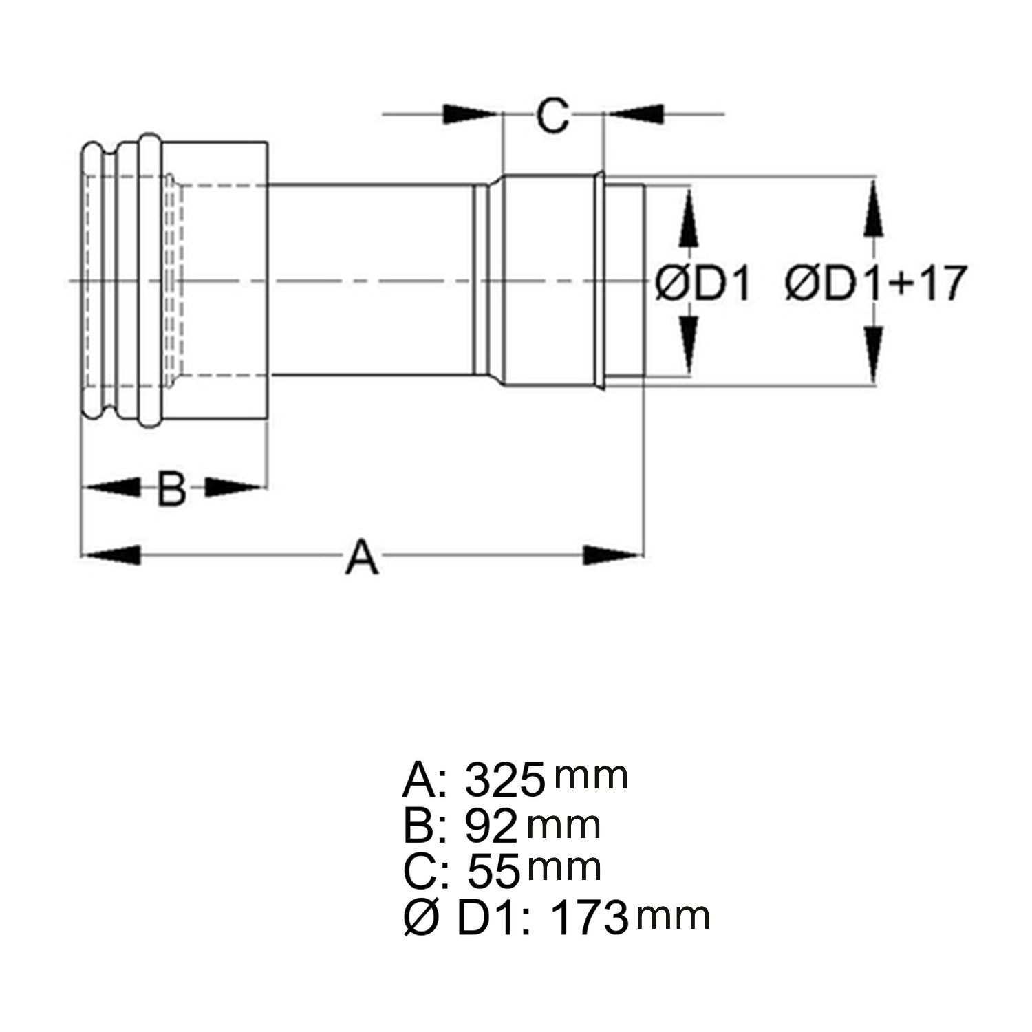 Schiedel douille de raccordement Ø180 simple paroi, recoupable pour ICS Ø180 mm double paroi brillante