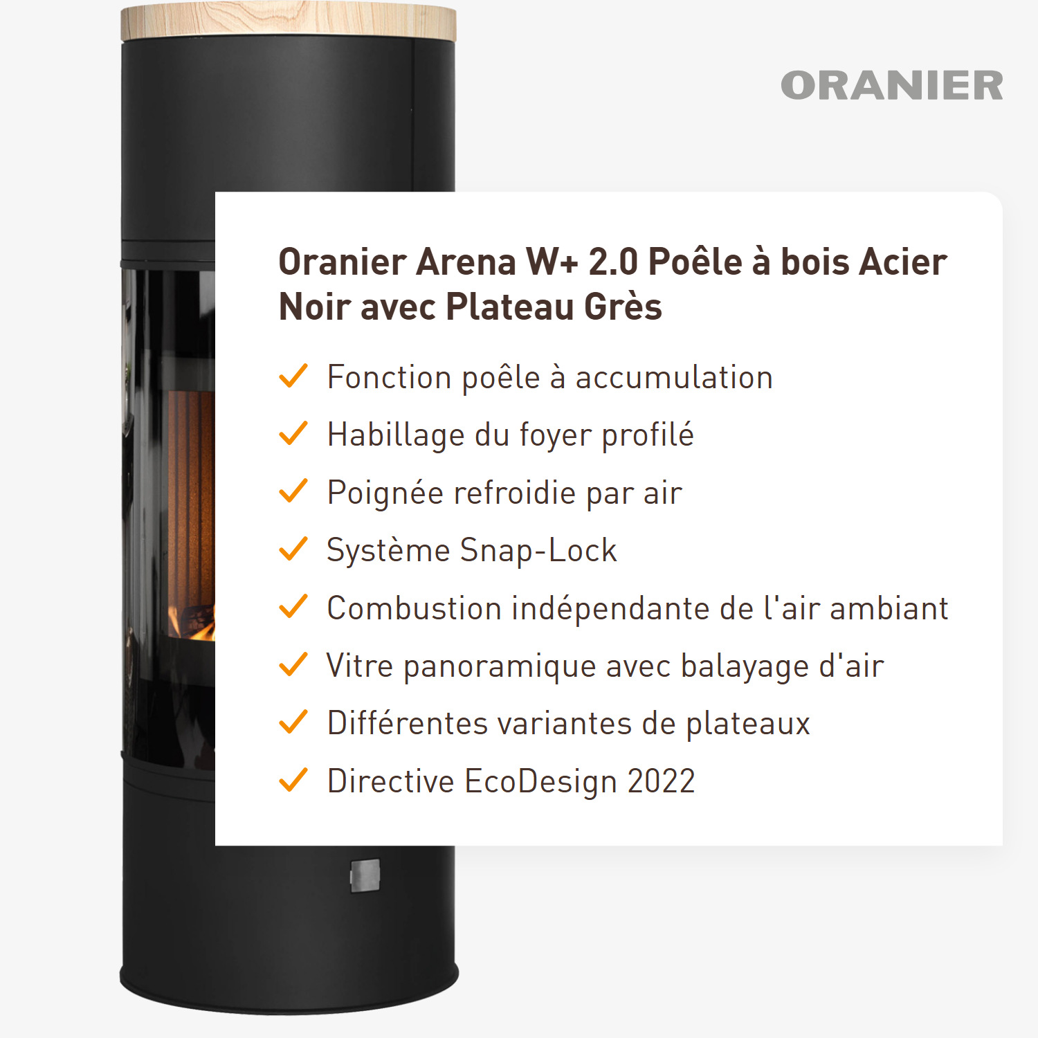 Oranier Arena W+ 2.0 Poêle à bois acier noir avec plaque de recouvrement grès