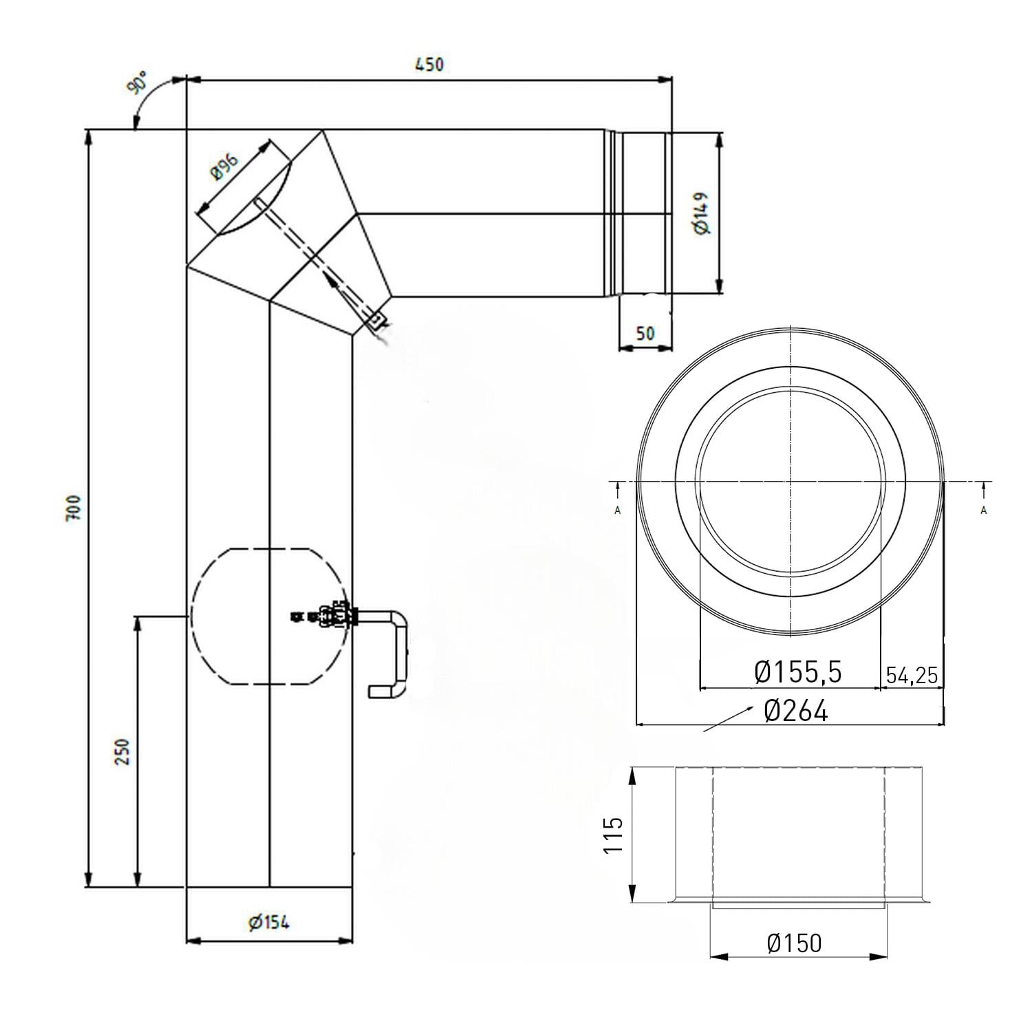 Raik set WBG LS diamètre 150/90° 2,00mm 3-pièces 700/450 avec porte intégrée avec modérateur de tirage noir