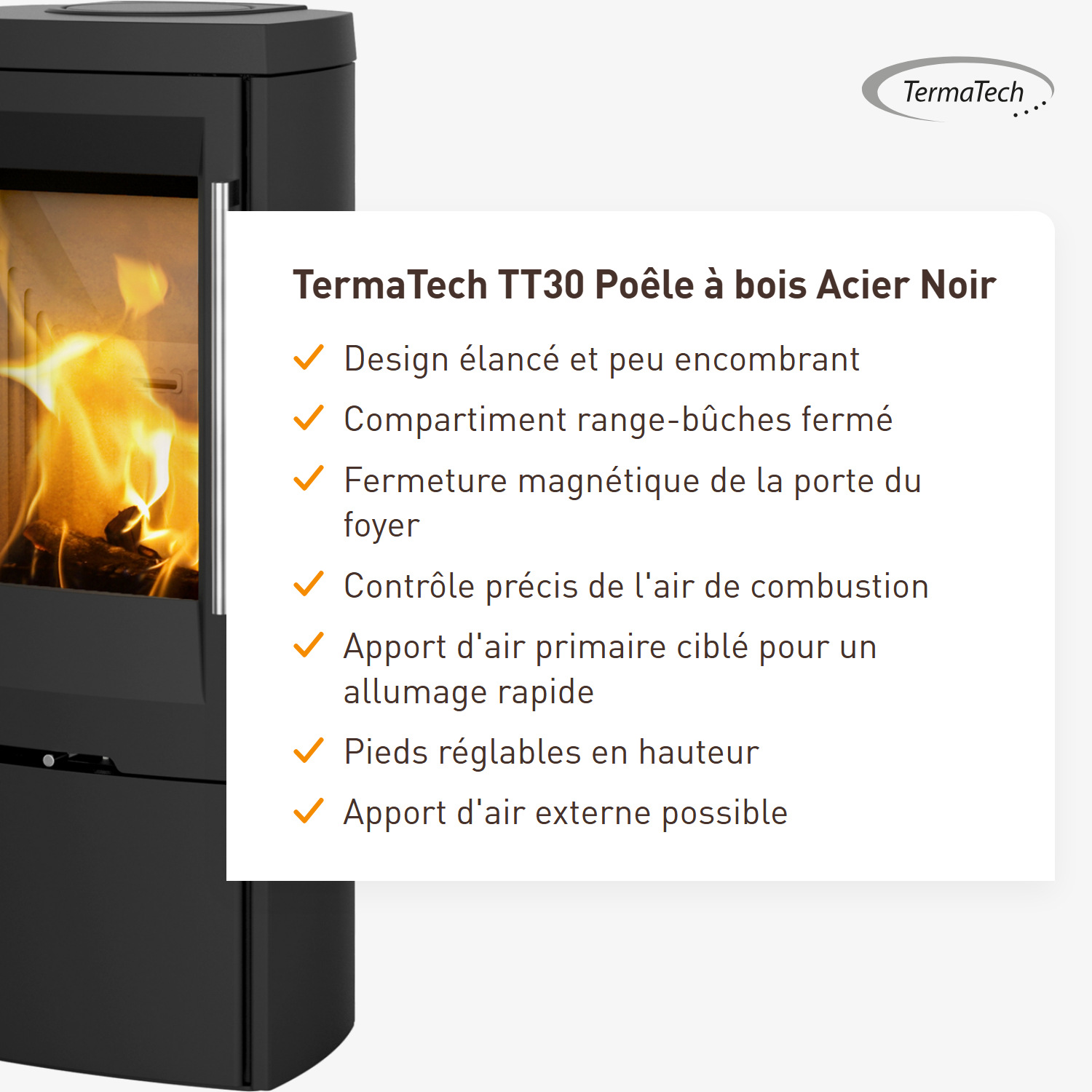 TermaTech TT30 Poêle à bois Acier Noir