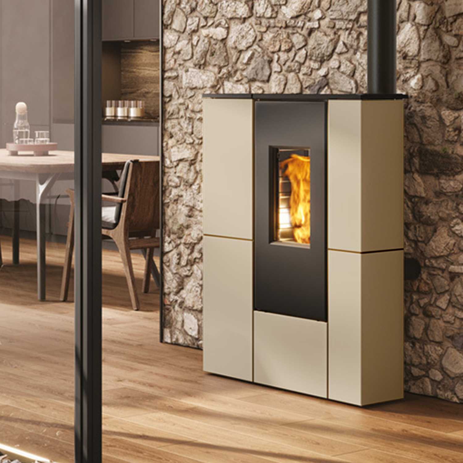 Edilkamin Tratto 9+ Poêle à granulés sortie fumées haute habillage acier beige sable