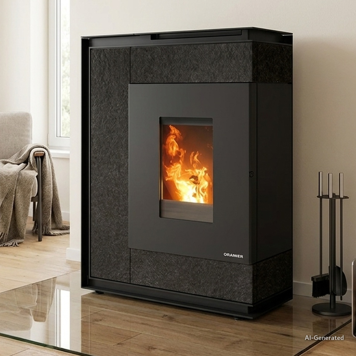 Oranier Boreas Aqua Next wasserführender Pelletofen 9,5 kW Sintered Stone Schiefer Rauchrohranschluss hinten