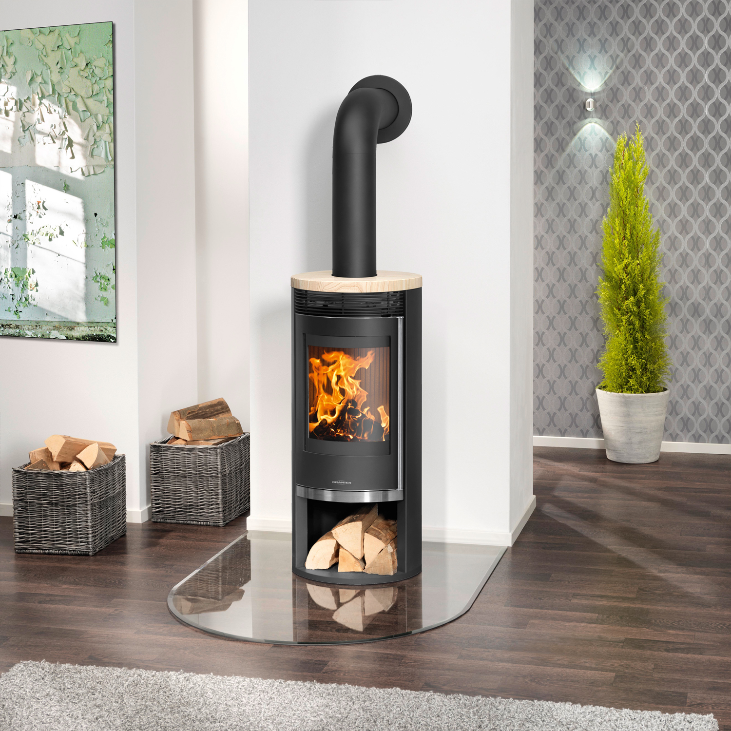 Oranier Rota 2.0 Poêle à bois acier noir avec plaque de recouvrement en grès