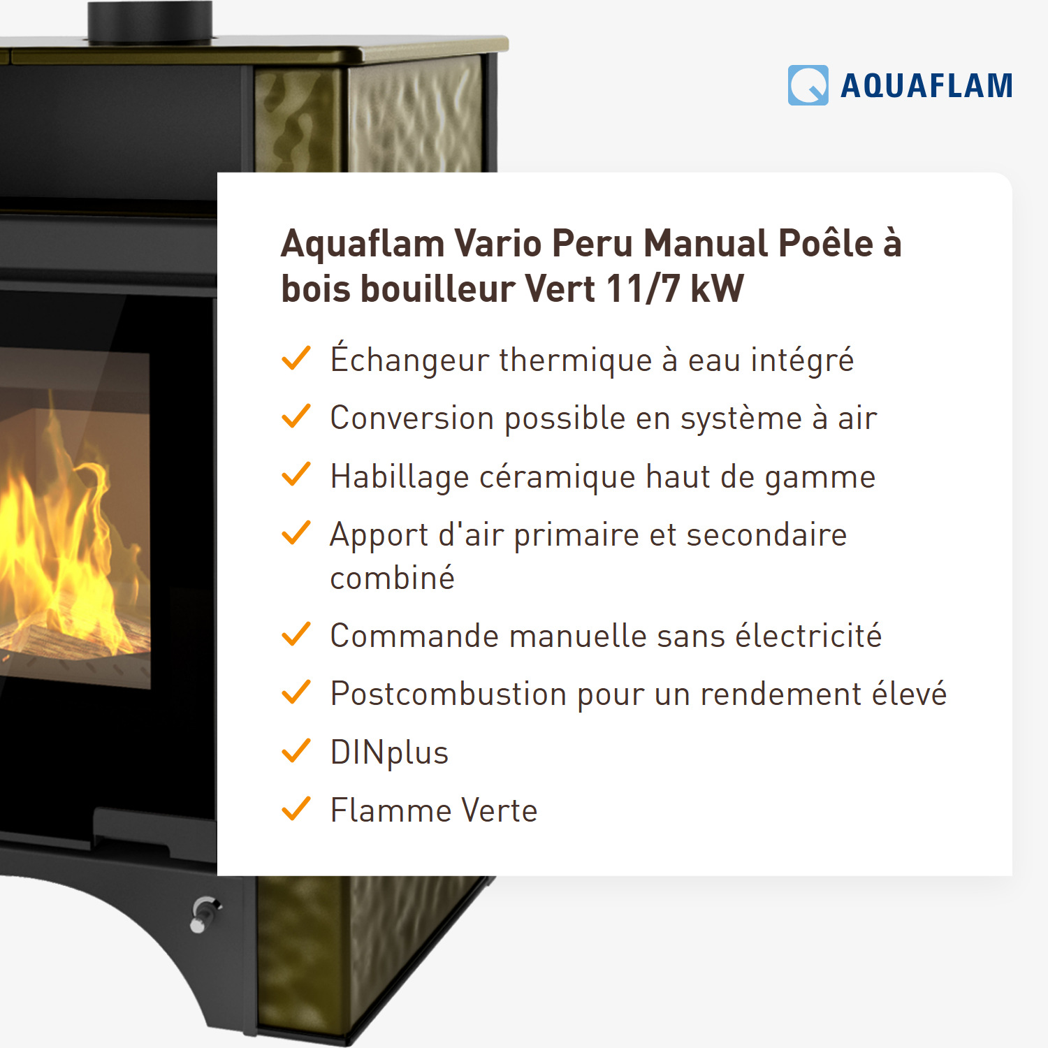Aquaflam Vario Peru Manuel Poêle à bois hydraulique Vert 11/7 kW