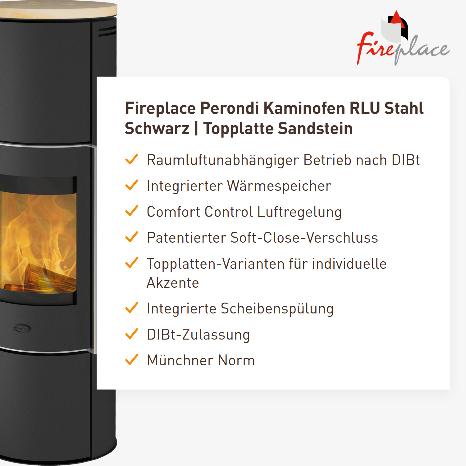 Fireplace Perondi Kaminofen RLU Stahl Schwarz | Topplatte Sandstein
