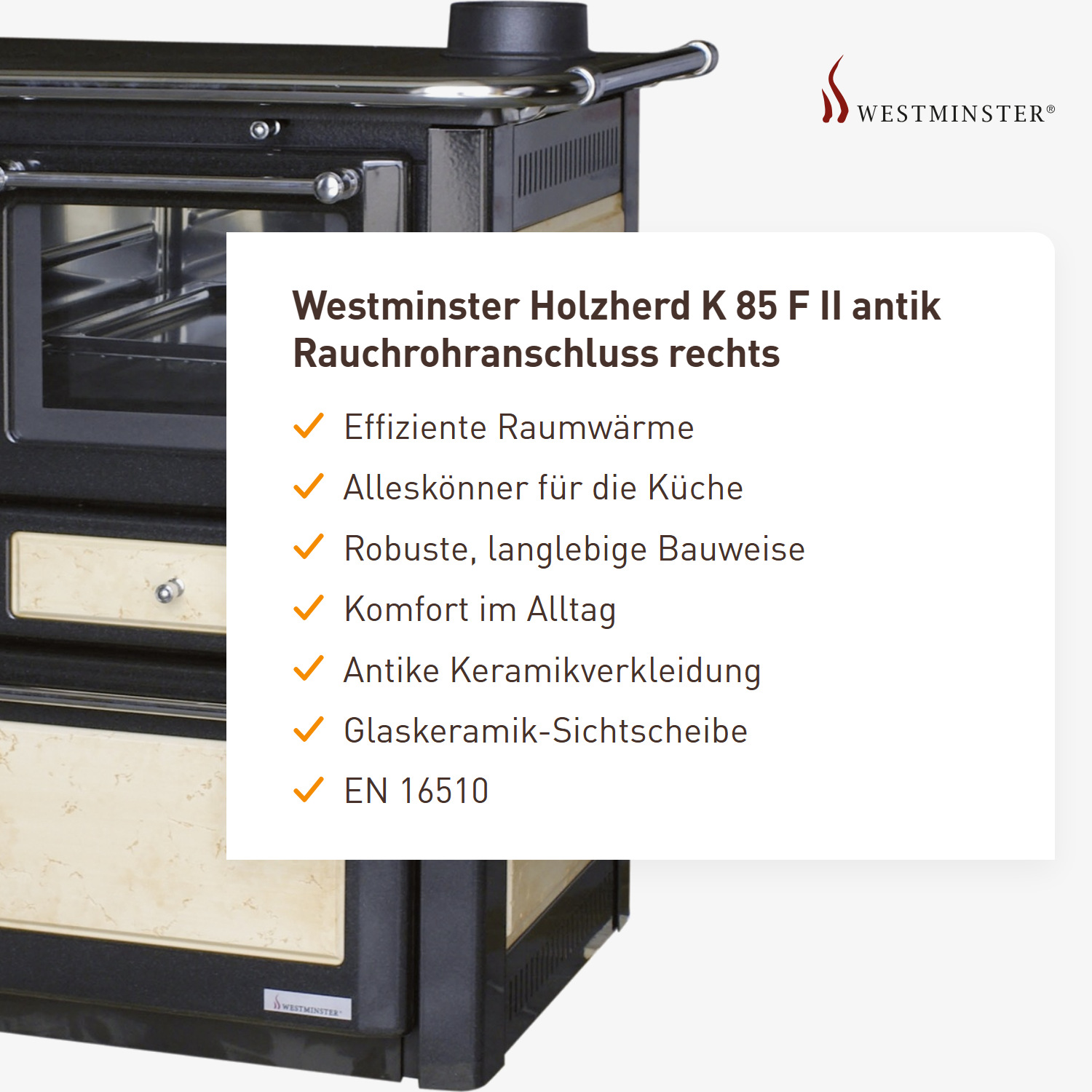 Westminster Holzherd K 85 F II antik Rauchrohranschluss rechts