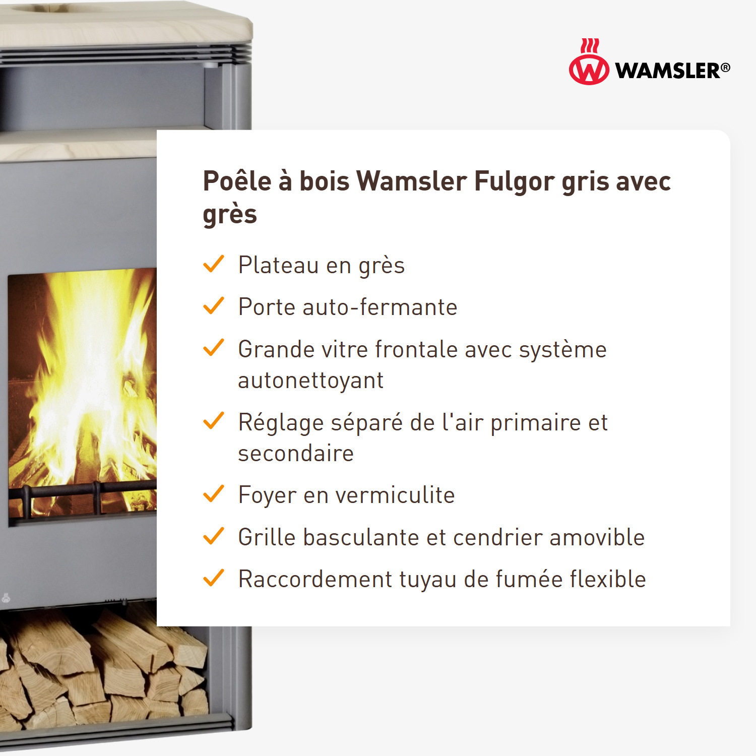 Wamsler poêle à bois « Fulgor » gris avec pierre de grès