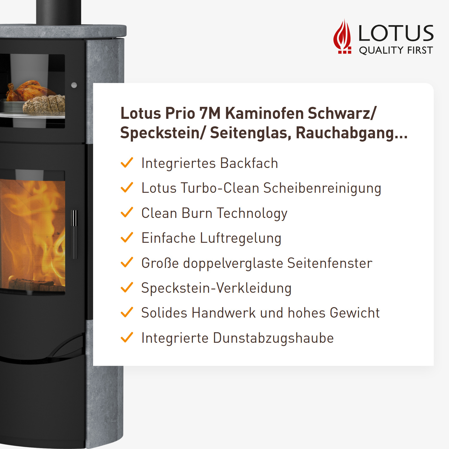 Lotus Prio 7M Kaminofen Schwarz/ Speckstein/ Seitenglas, Rauchabgang oben