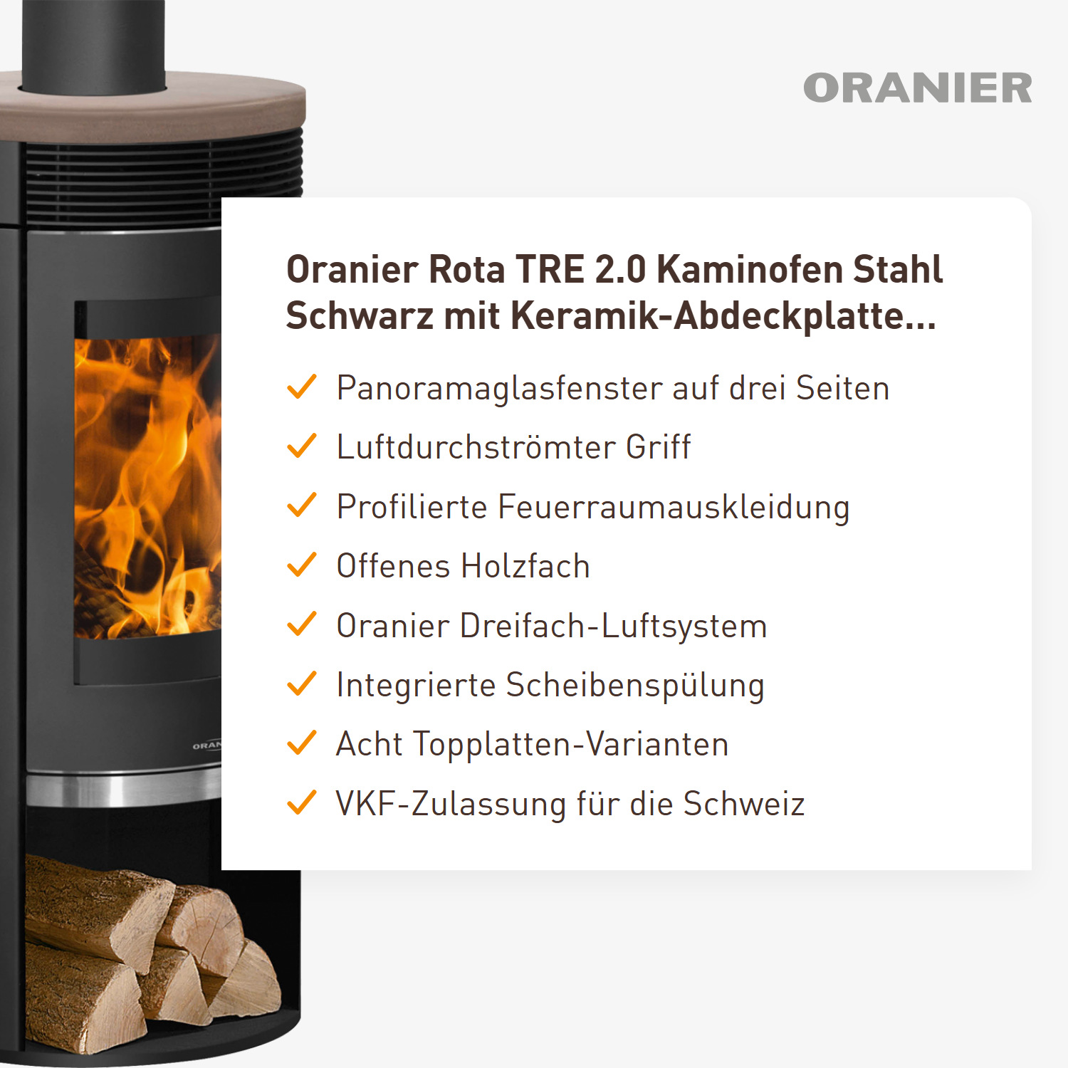 Oranier Rota TRE 2.0 Kaminofen Stahl Schwarz mit Keramik-Abdeckplatte Grappa
