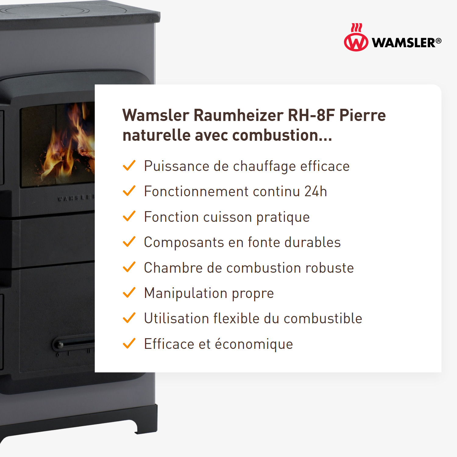 Wamsler chauffage d’appoint RH-8F pierre naturelle avec feu continu/automatique