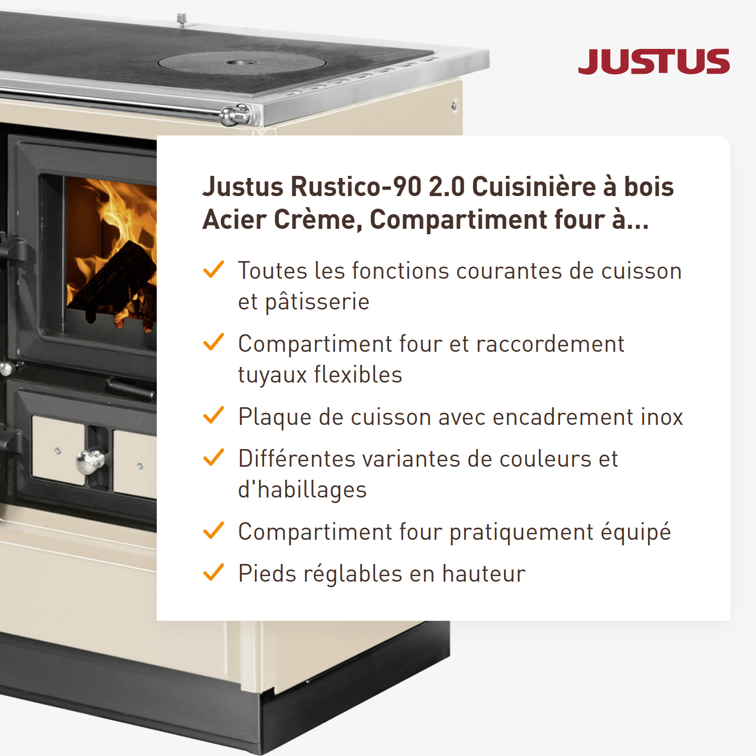 Justus Rustico-90 2.0 Poêle de cuisine en acier crème, compartiment de cuisson à gauche