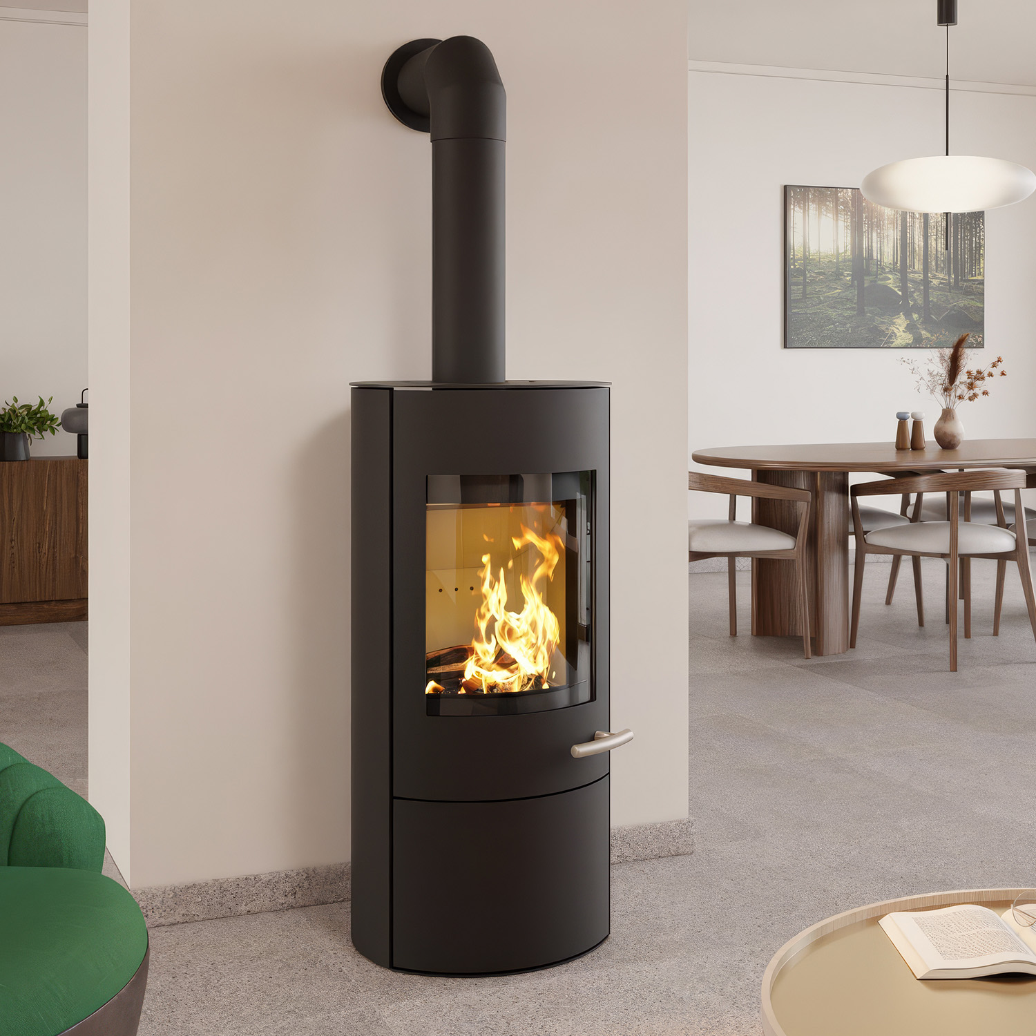 Haas+Sohn SOLIDO acier poêle à bois avec plaque de cuisson avec compartiment range-bûches et porte noir profond