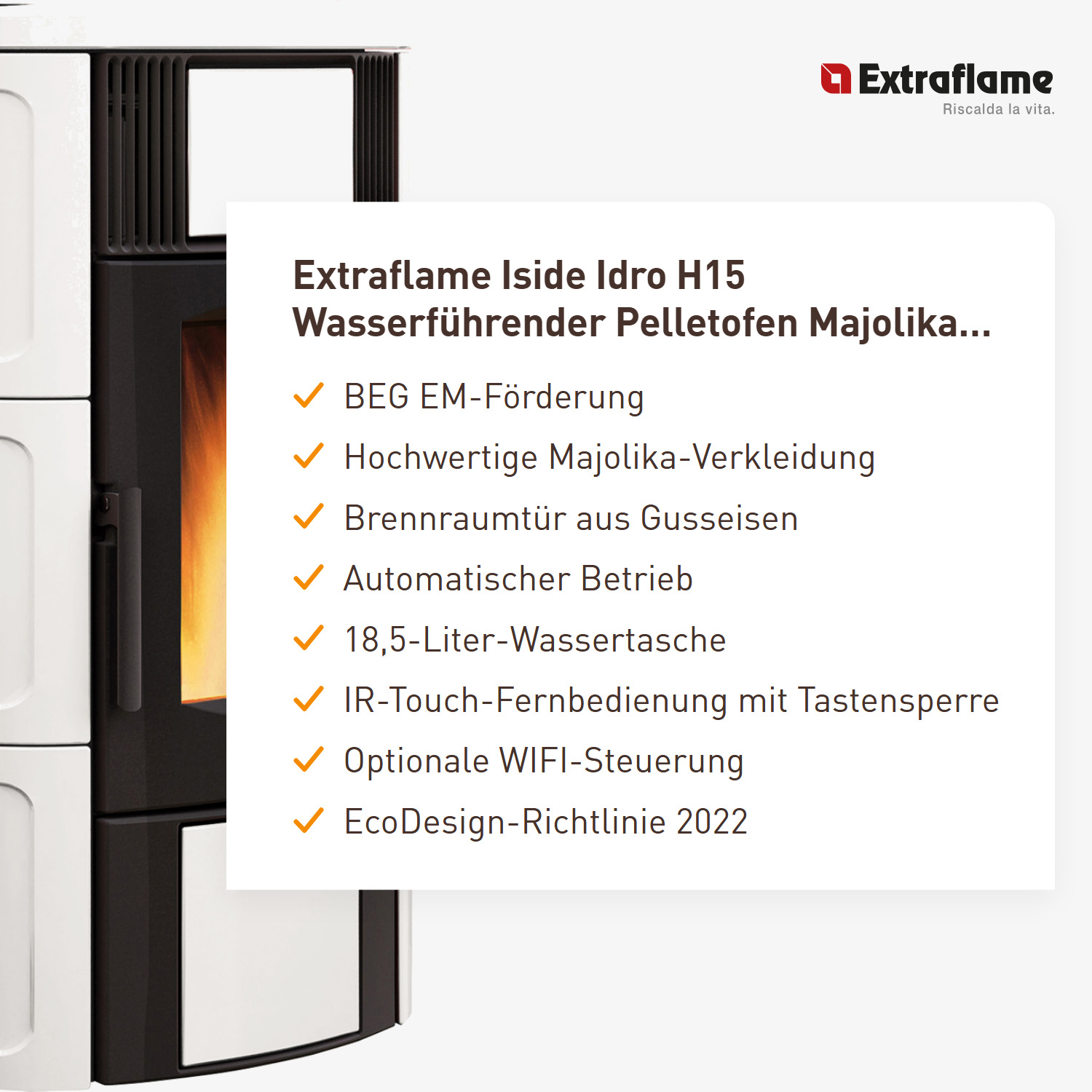 Extraflame Iside Idro H15 Wasserführender Pelletofen Majolika Weiß