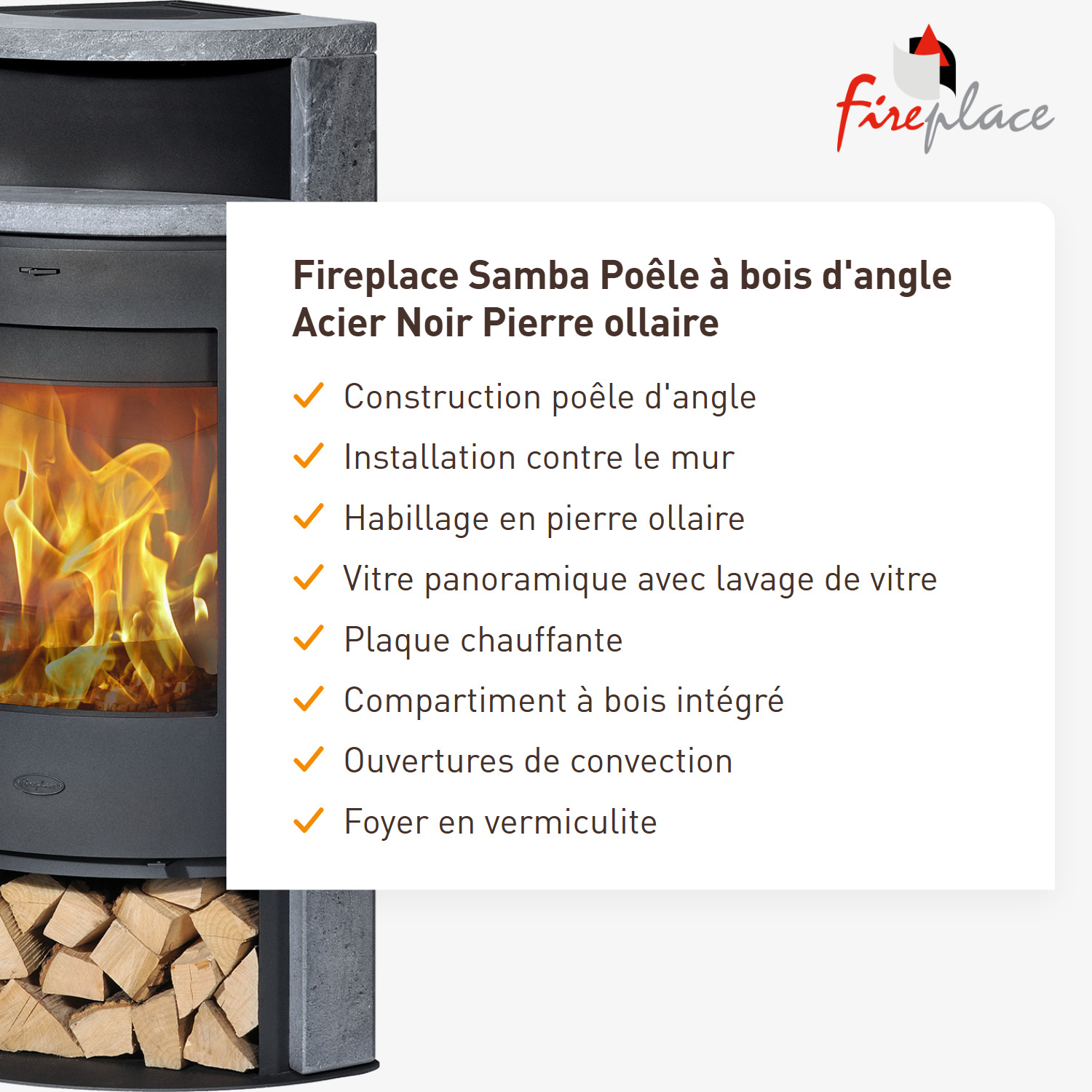 Cheminée Samba Poêle d'angle en acier noir avec pierre ollaire