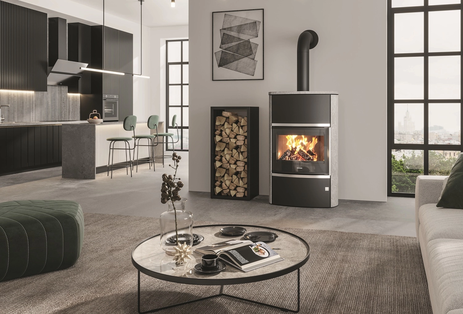 Kaminofen Oranier Feras W+ mit Speckstein-Verkleidung in einem modernen Wohnzimmer