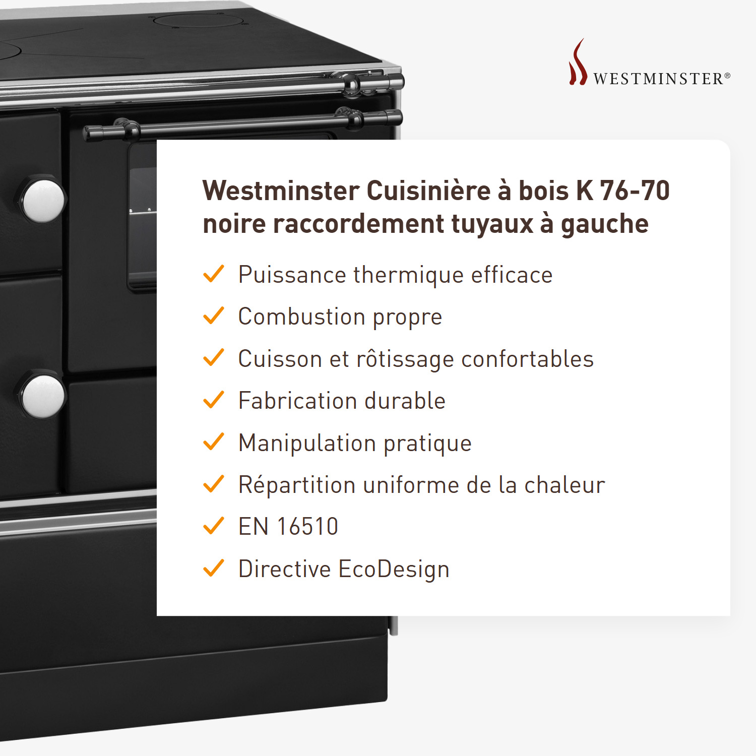Westminster cuisinière à bois K 76-70 noir raccordement tuyaux gauche