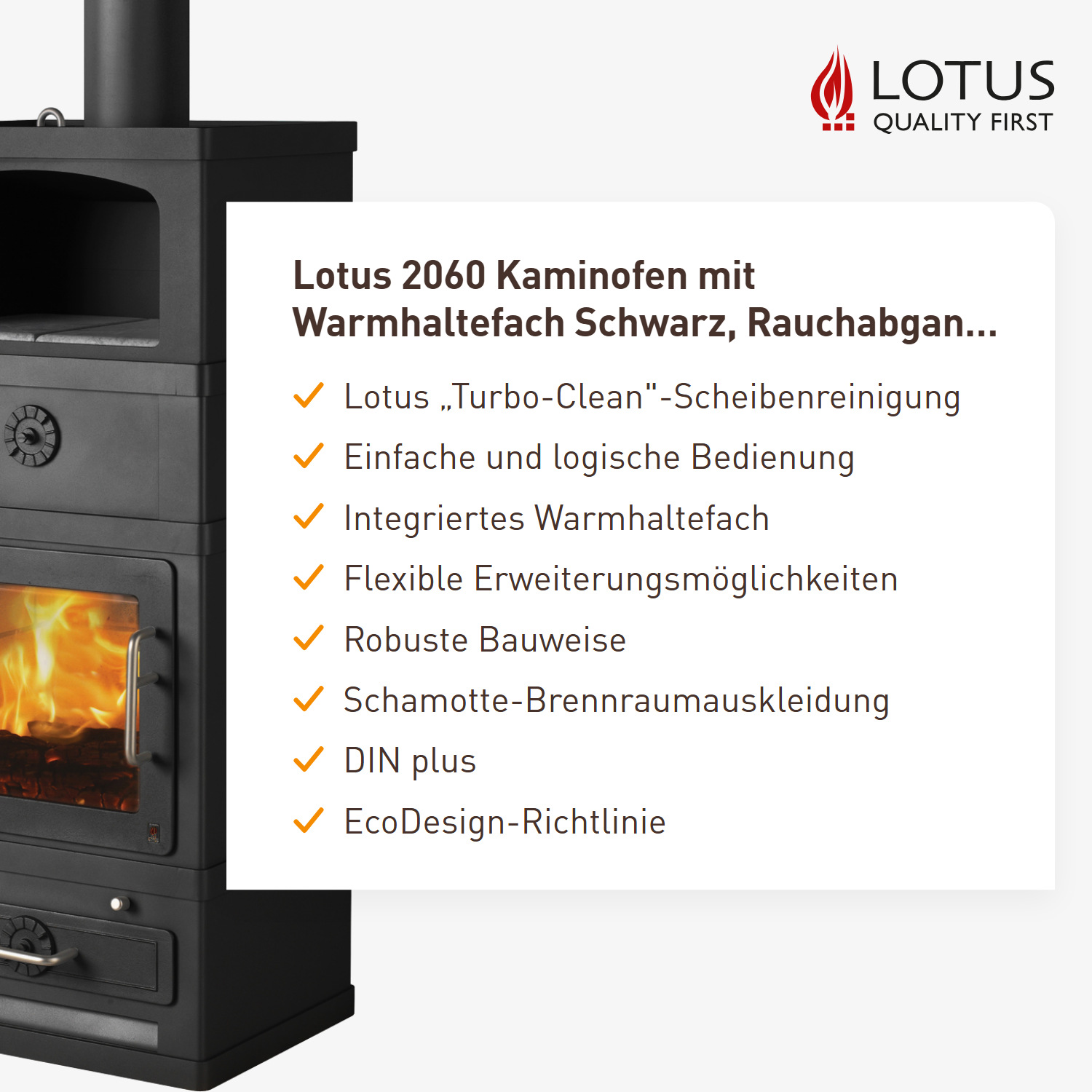 Lotus 2060 Kaminofen mit Warmhaltefach Schwarz, Rauchabgang oben