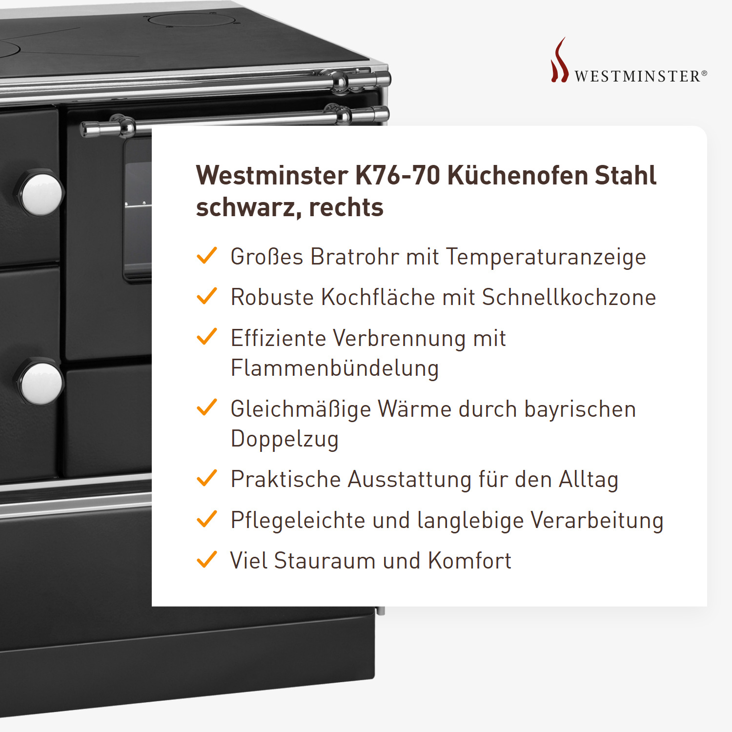 Westminster K76-70 Küchenofen Stahl schwarz, rechts