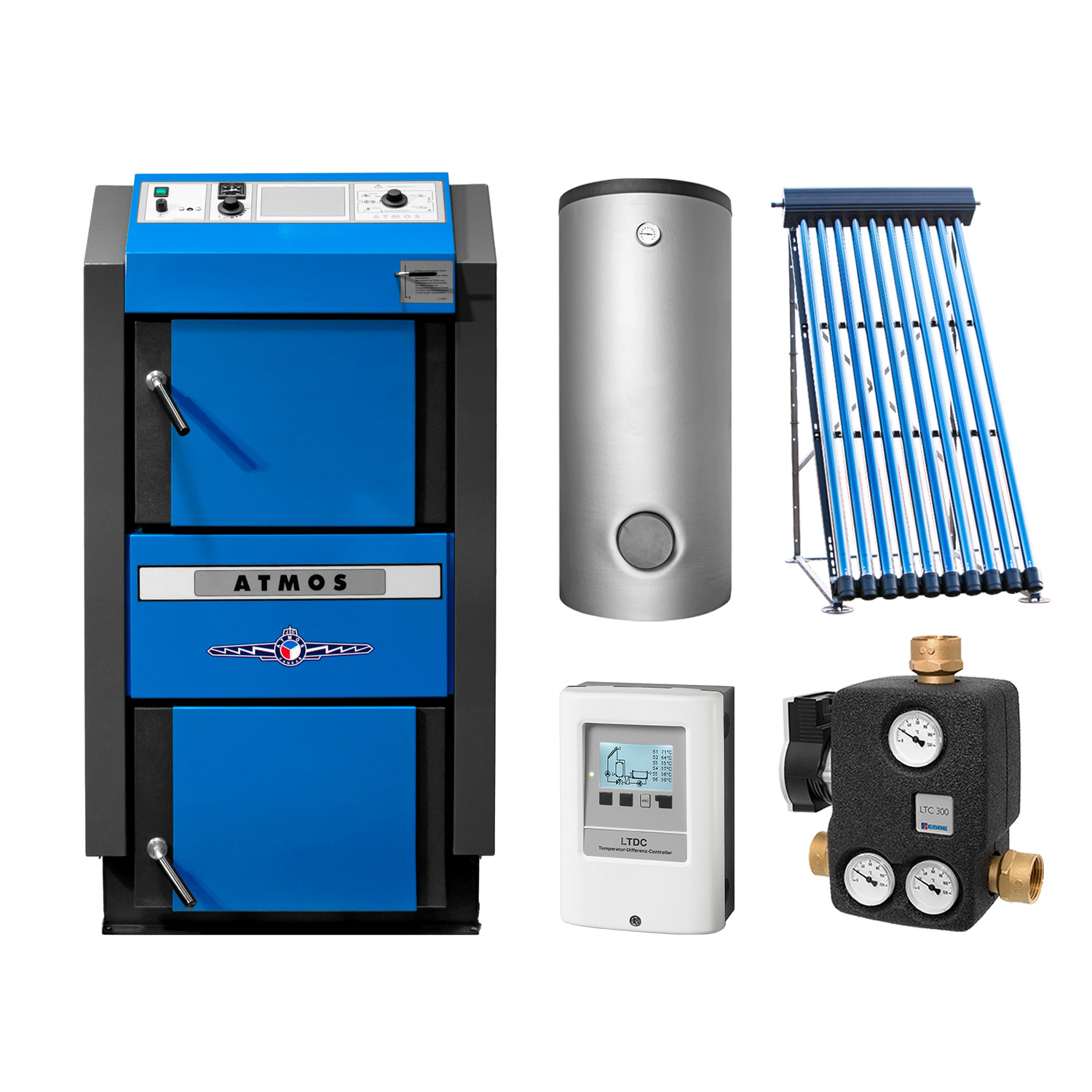 ATMOS DC40 GSE Set + Solarthermie-Set 2 (11 m²) + 2 Pufferspeicher 825 L + Hygienespeicher 750 L + SWT