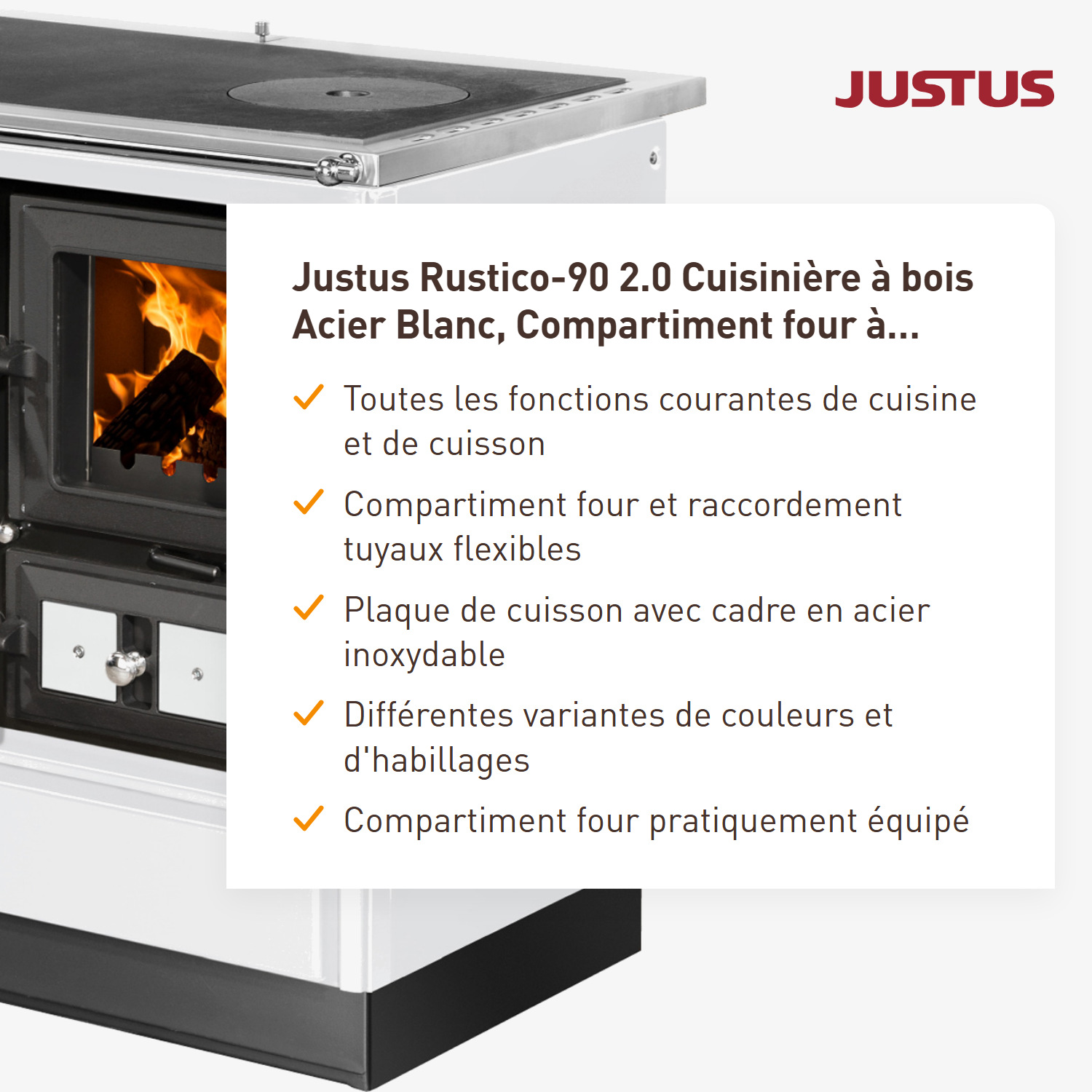 Justus Rustico-90 2.0 Poêle de cuisine en acier blanc, compartiment de cuisson à gauche