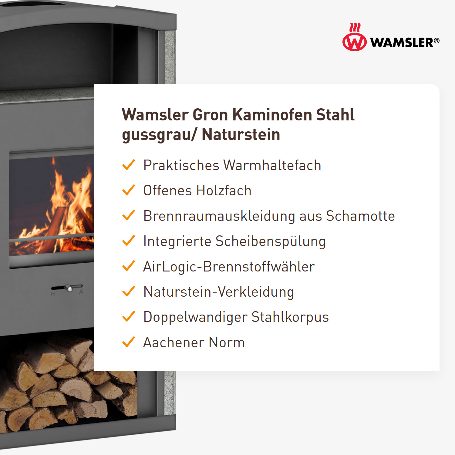 Wamsler Gron Kaminofen Stahl gussgrau/ Naturstein
