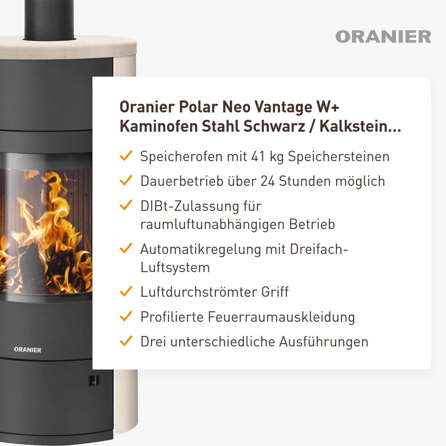 Oranier Polar Neo Vantage W+ Kaminofen Stahl Schwarz / Kalkstein Cream
