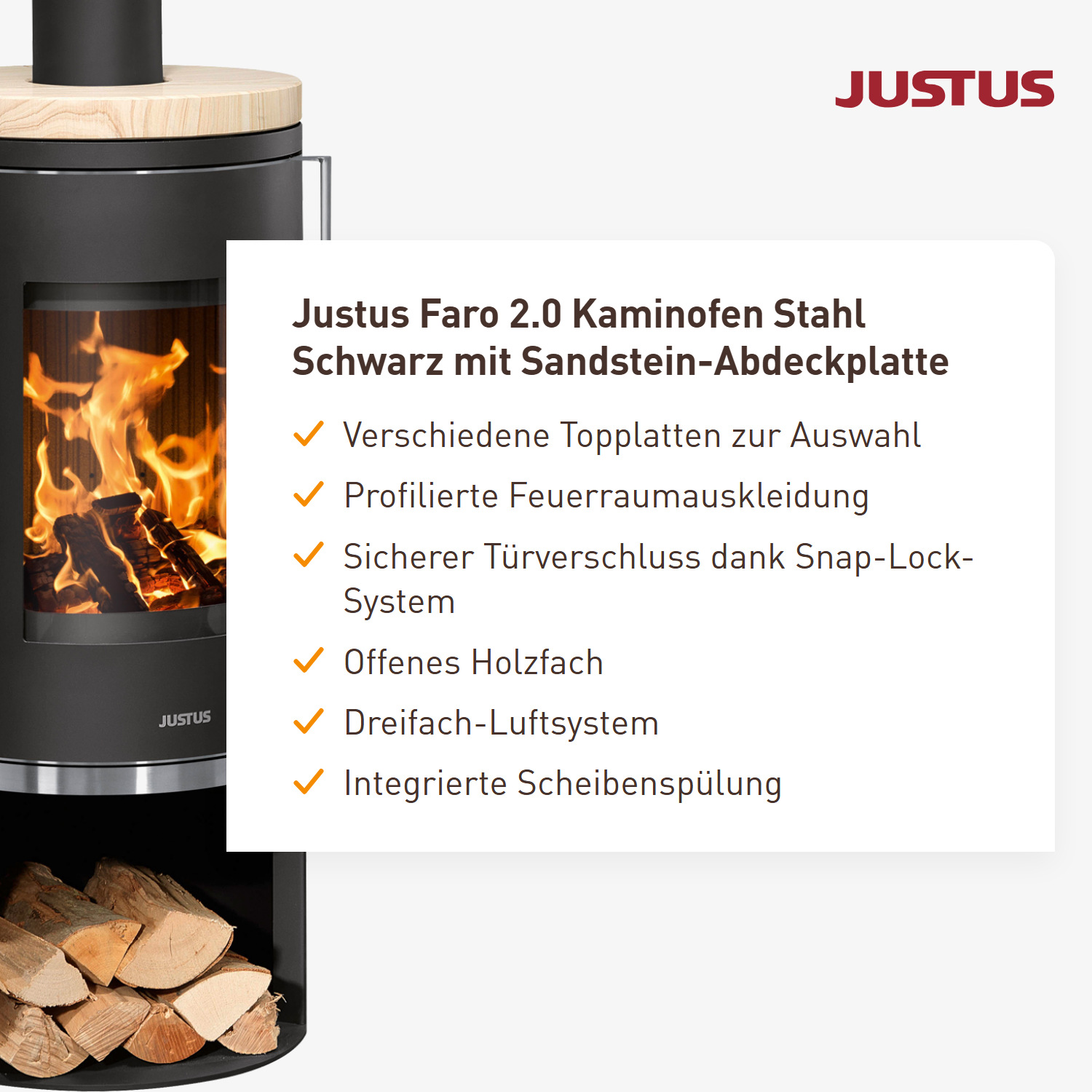 Justus Faro 2.0 Kaminofen Stahl Schwarz mit Sandstein-Abdeckplatte