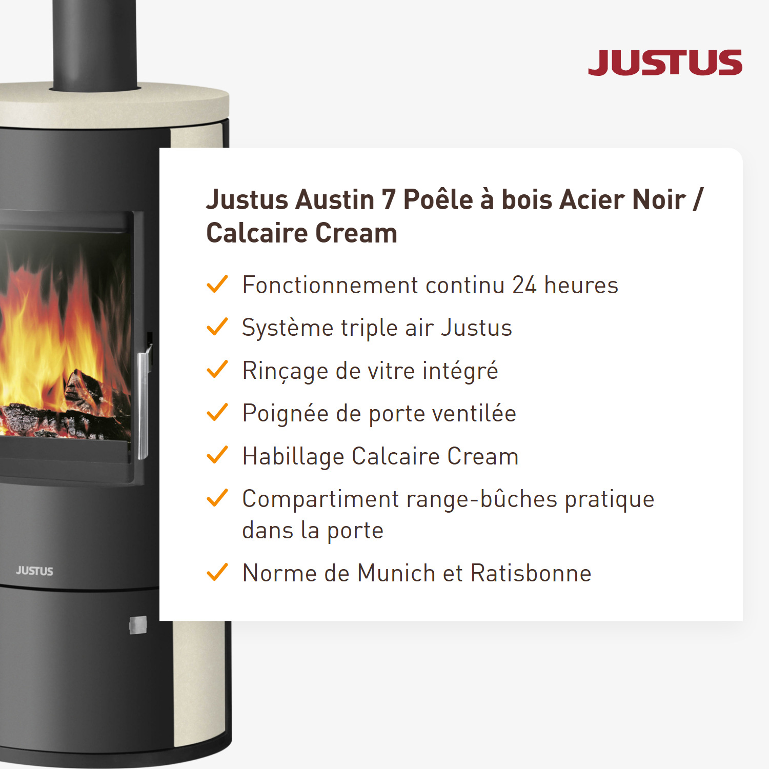 Justus Austin 7 Poêle à bois Acier Noir / Pierre calcaire Crème
