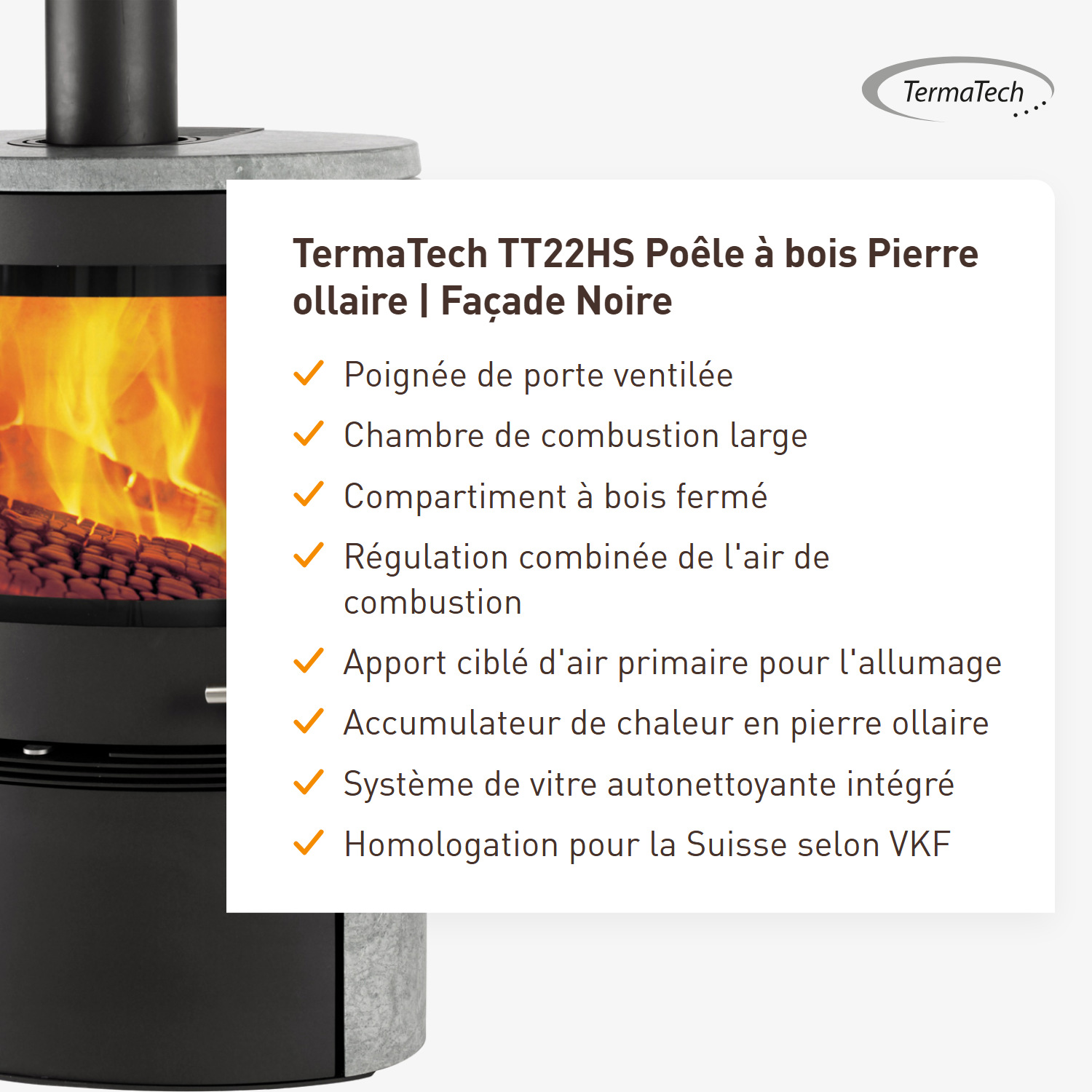 Poêle à bois TermaTech TT22HS en pierre ollaire | Façade noire