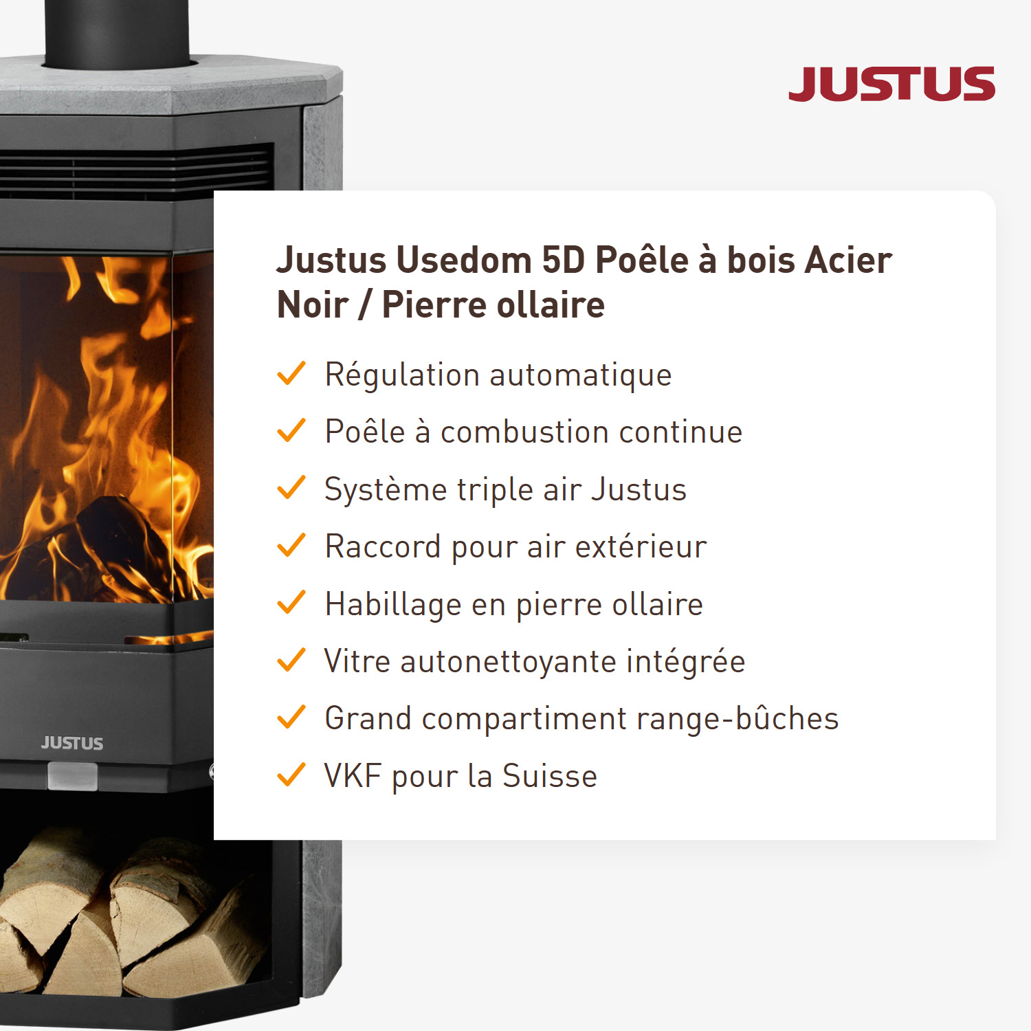 Justus Usedom 5D Poêle à bois en acier noir / pierre ollaire