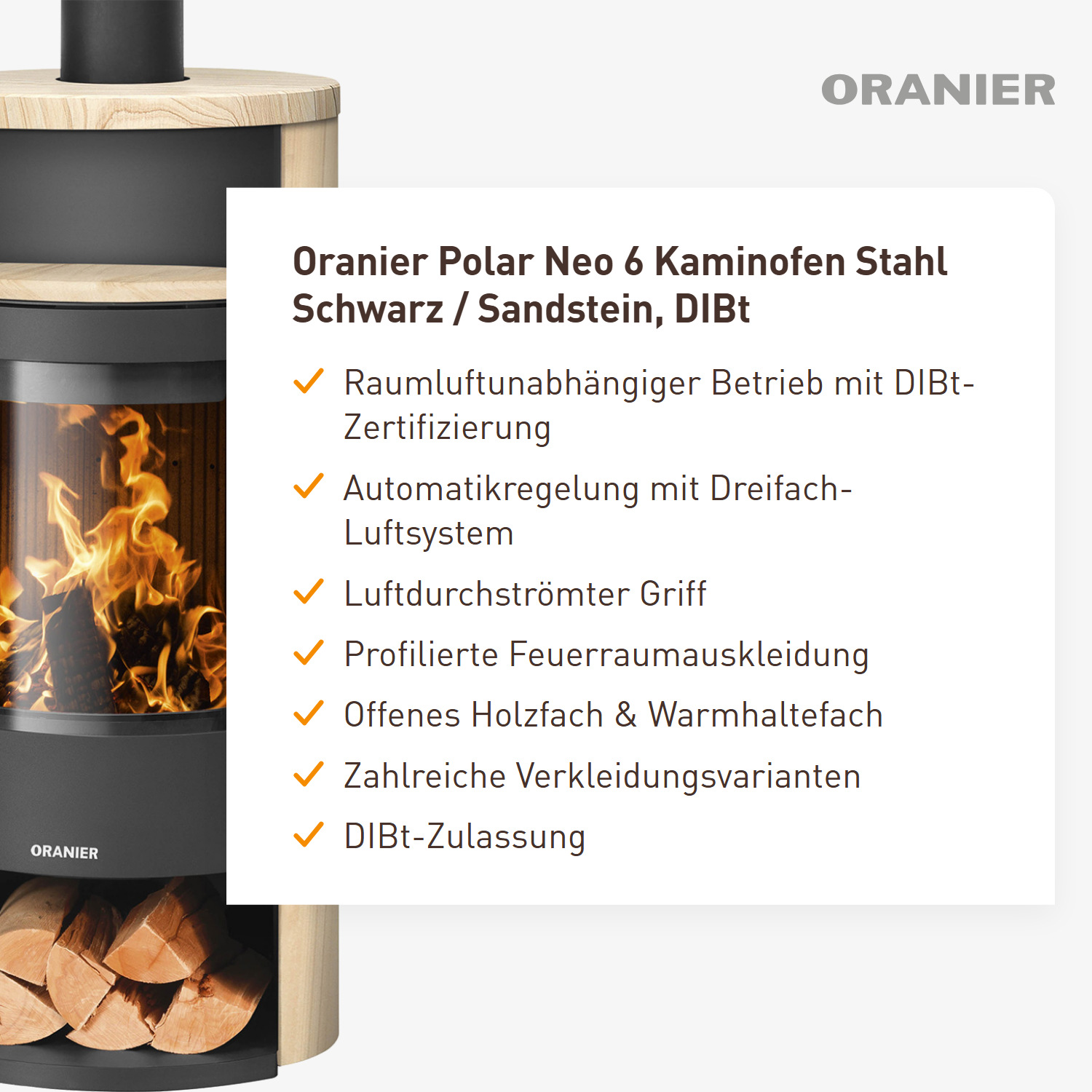 Oranier Polar Neo 6 Kaminofen Stahl Schwarz / Sandstein, DIBt