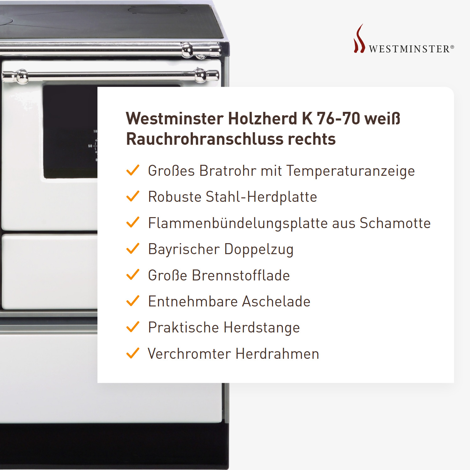 Westminster Holzherd K 76-70 weiß Rauchrohranschluss rechts
