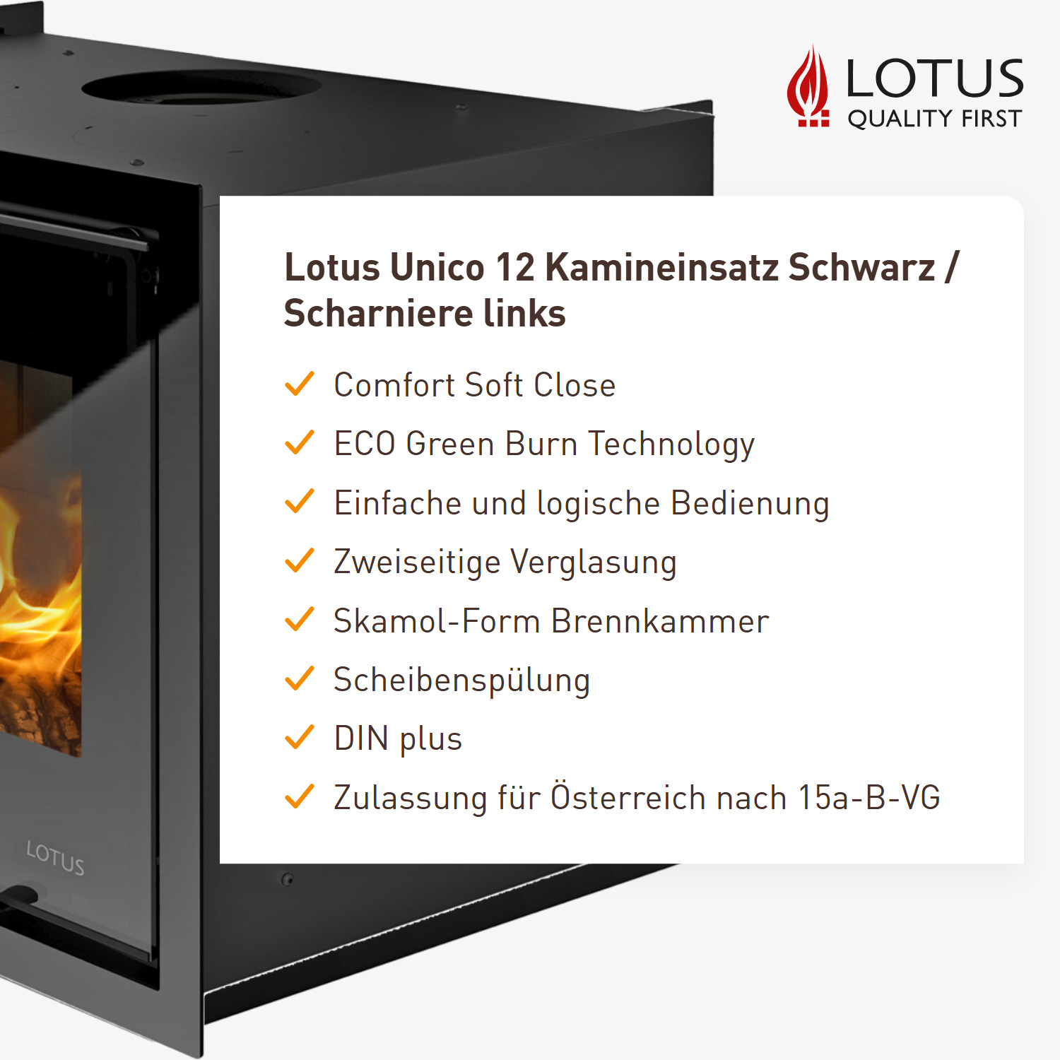 Lotus Unico 12 Kamineinsatz Schwarz / Scharniere links