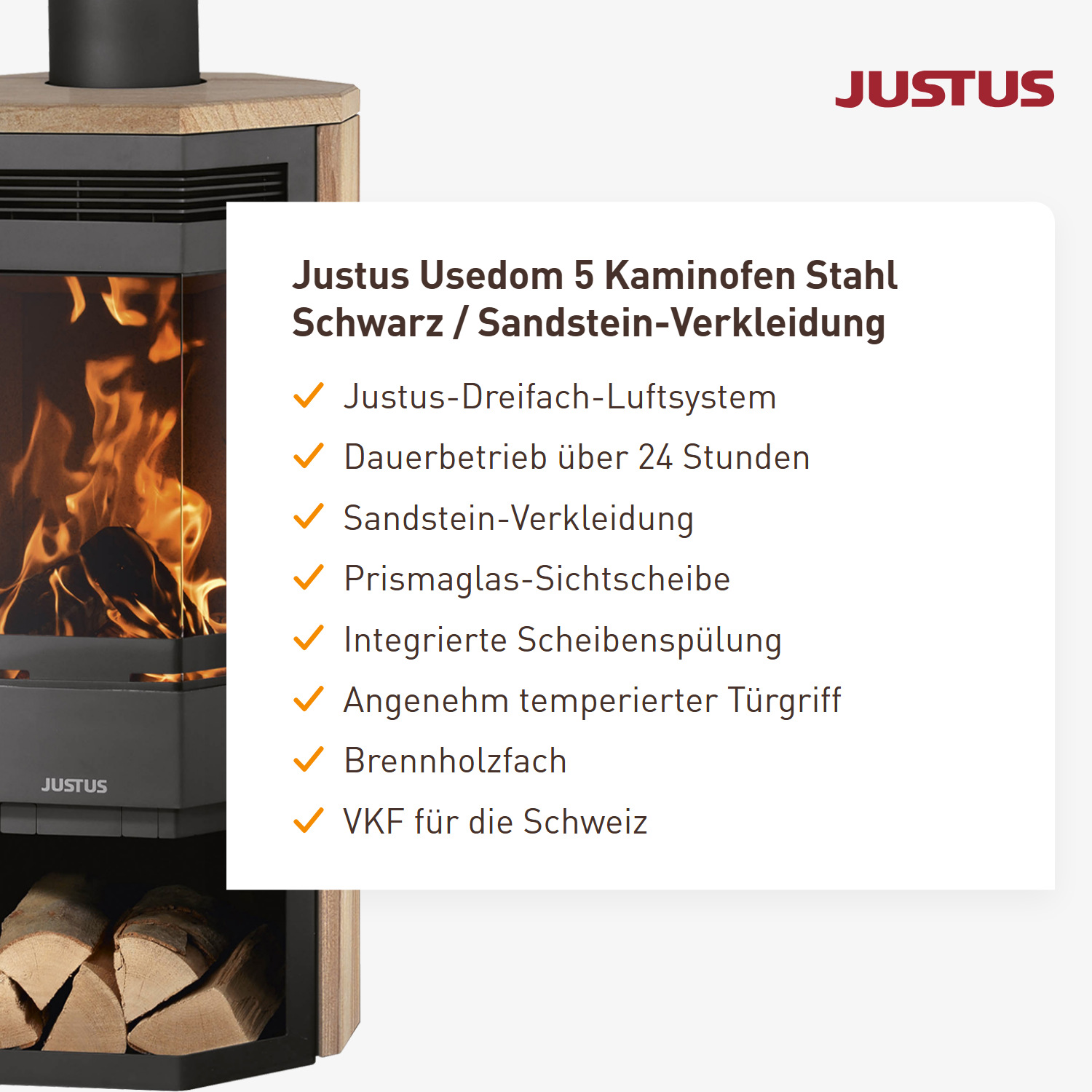 Justus Usedom 5 Kaminofen Stahl Schwarz / Sandstein-Verkleidung